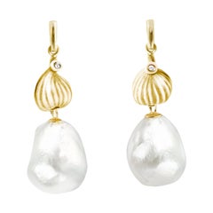 Tahitian Baroque Pearl Yellow Gold Contemporary Drop Earrings with Diamonds 
