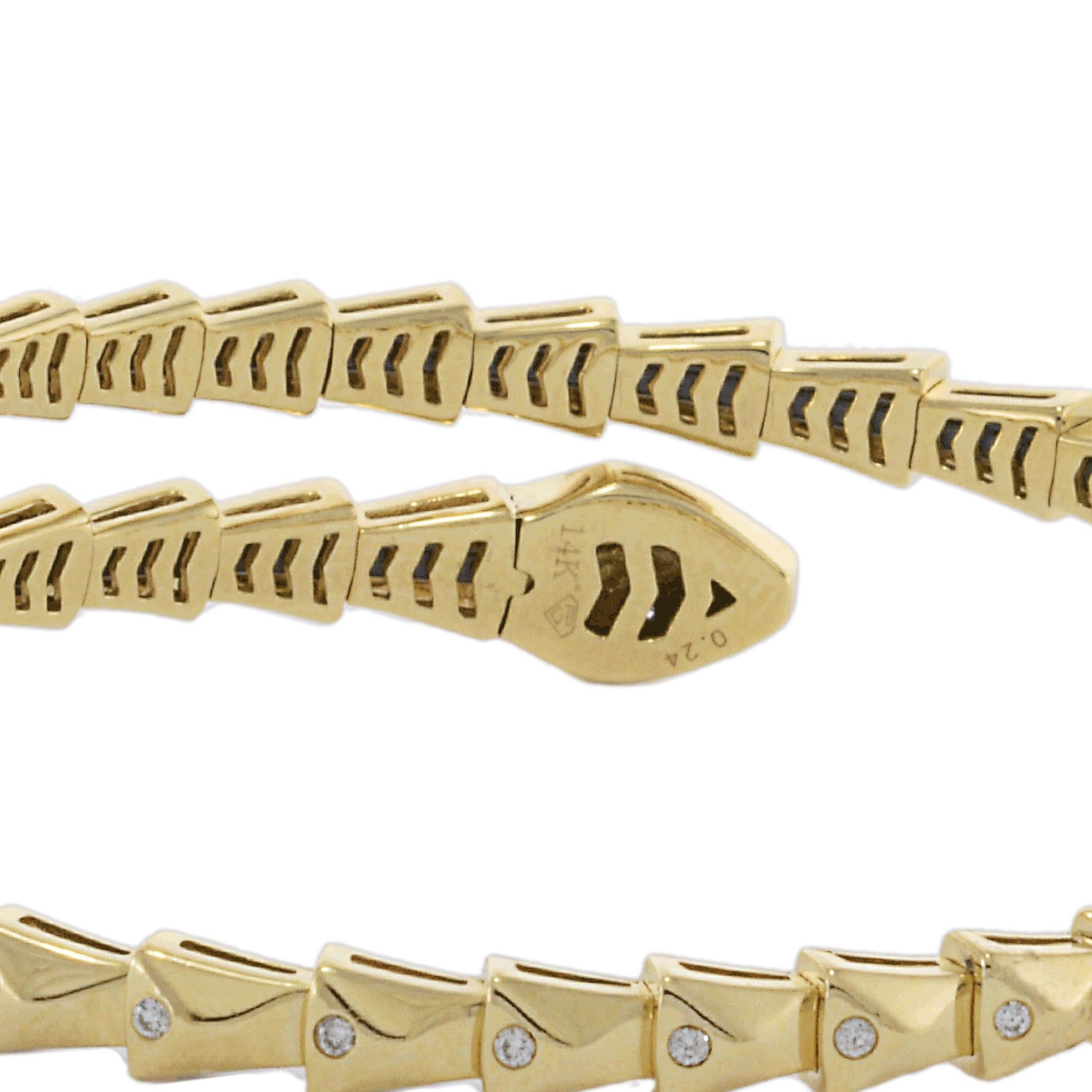 Round Cut 14KT Yellow Gold Flex Diamond Snake Wrap Bracelet For Sale