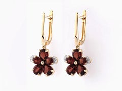 14KT Yellow Gold Garnet and Diamond Flower Drop Earrings