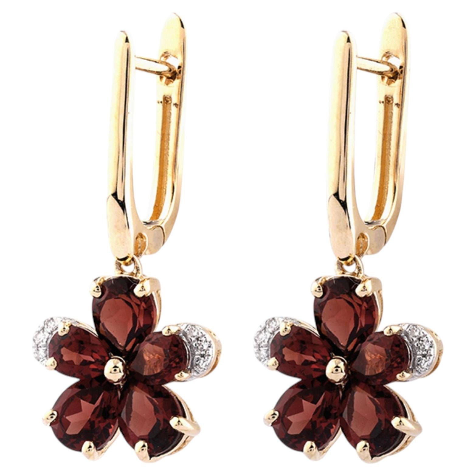 14KT Yellow Gold Garnet and Diamond Flower Drop Earrings
