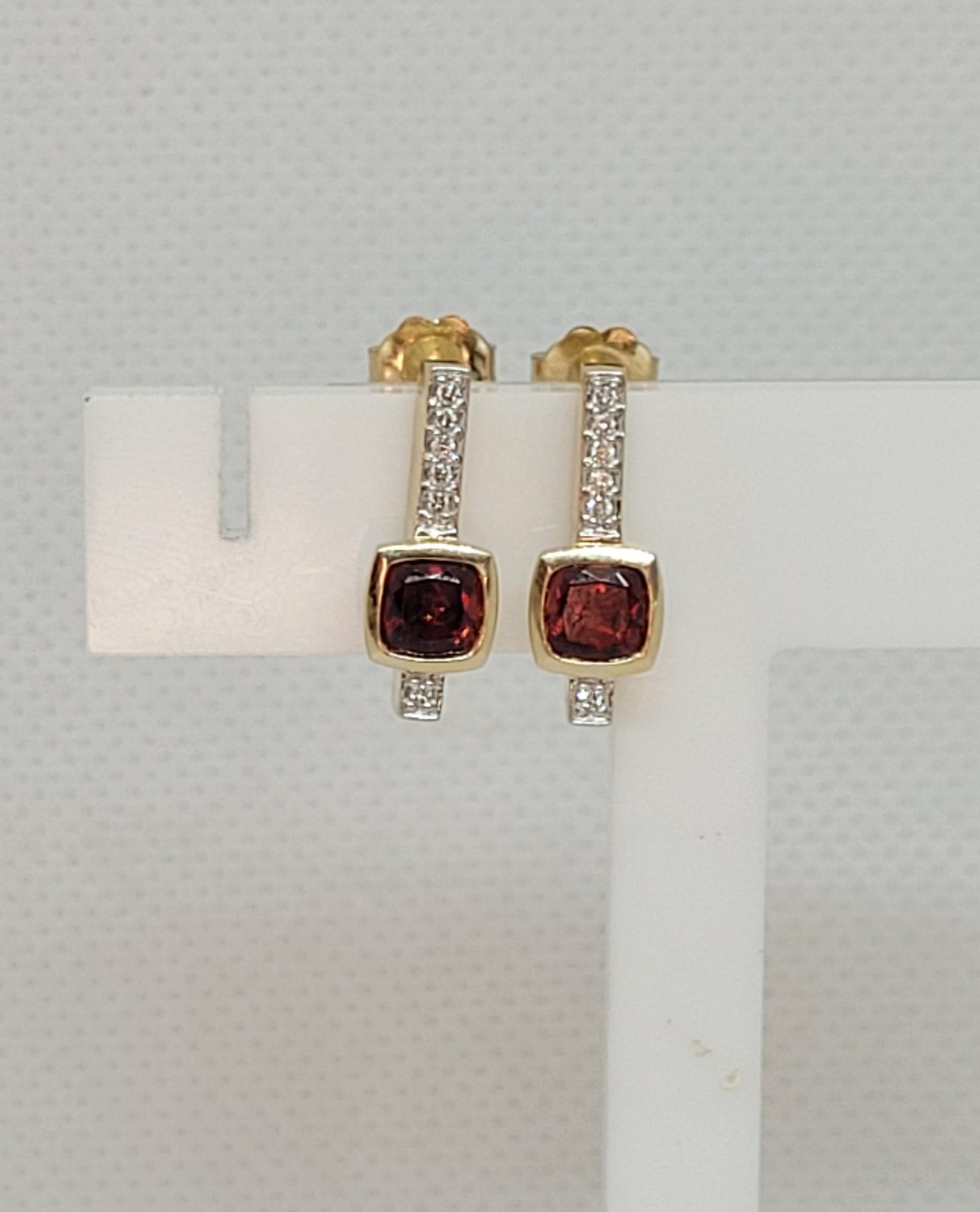 Cushion Cut 14kt Yellow Gold Garnet Diamond Earrings, Friction Posts, Stamped, .12cttw For Sale