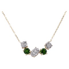 14KT Yellow Gold Green Chrome Diopside and Diamond Curved Bar Necklace