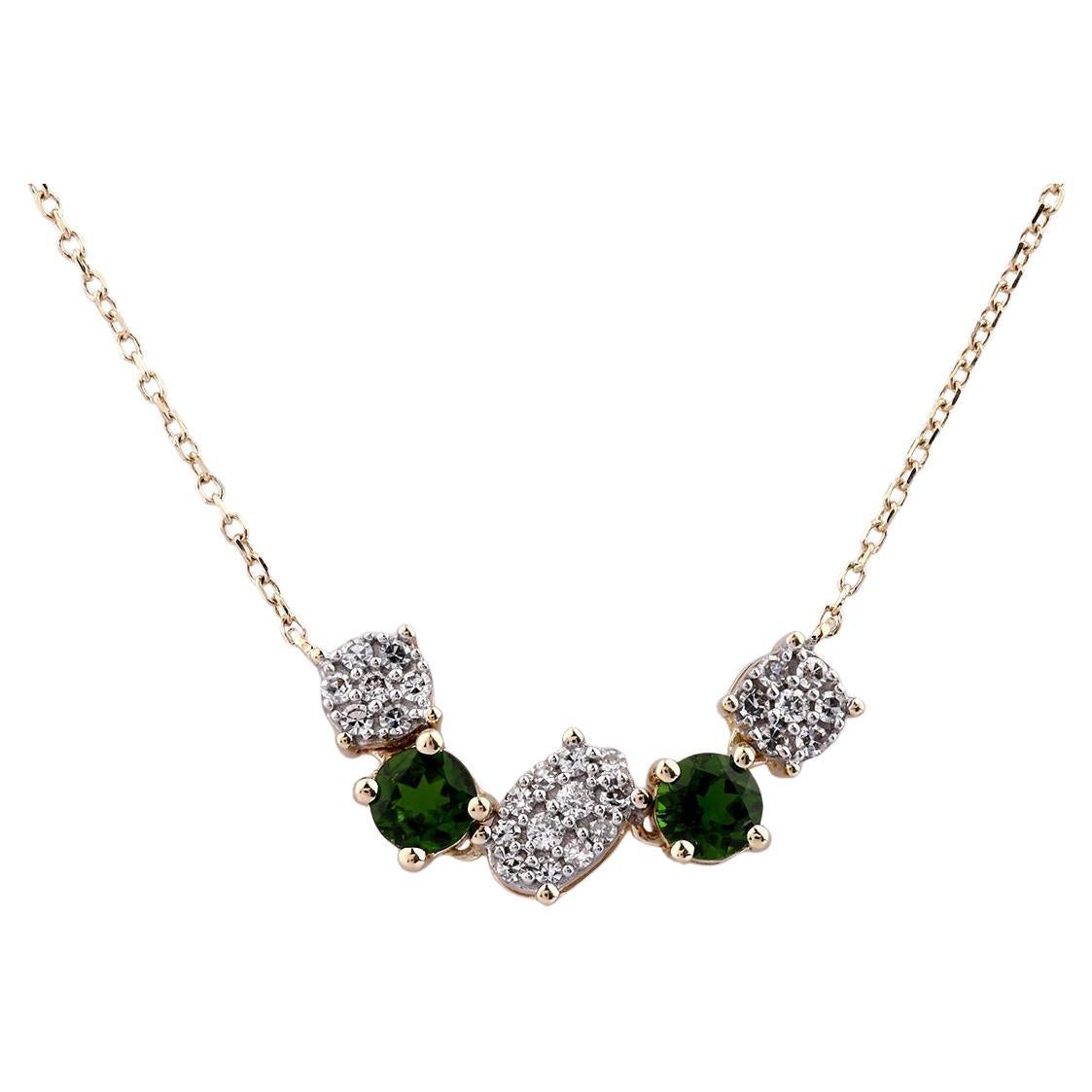 14KT Yellow Gold Green Gemstone and Diamond Curved Bar Necklace