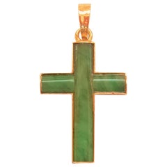 14kt Yellow Gold Green Jade Cross Pendant, Vibrant Color