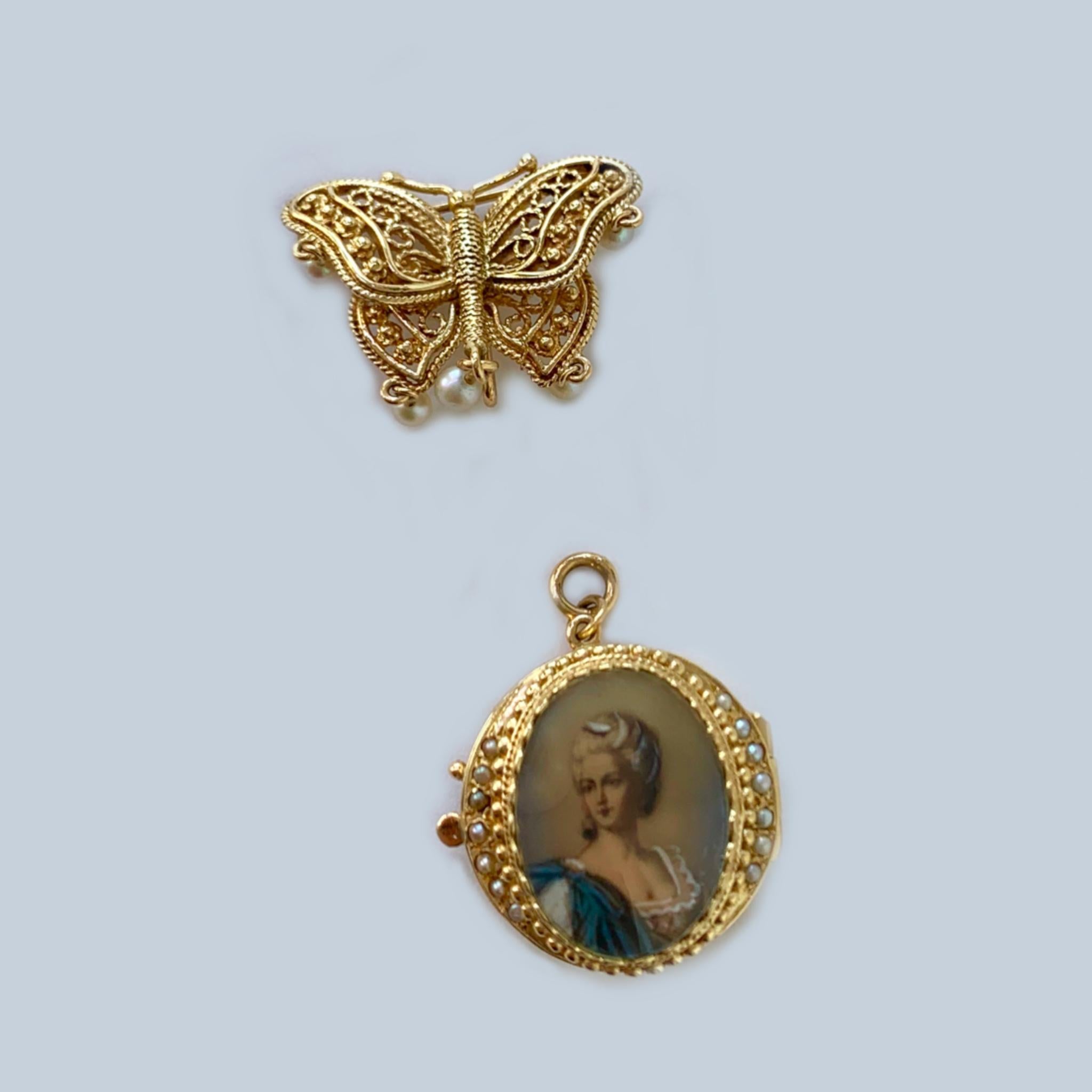 14 Karat Yellow Gold Hand Painted Portrait Miniature Brooch with Hidden Watch 1