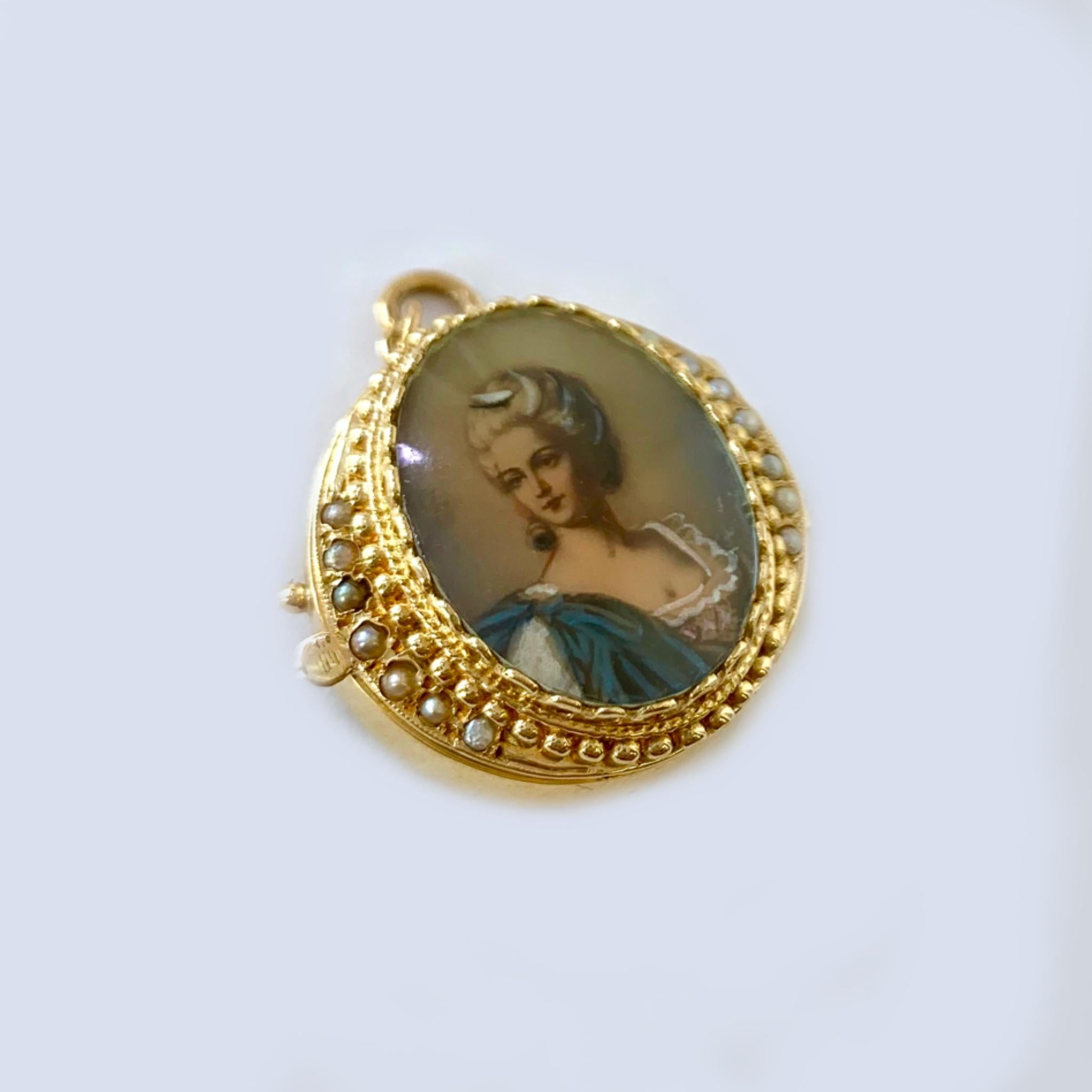 14 Karat Yellow Gold Hand Painted Portrait Miniature Brooch with Hidden Watch 2