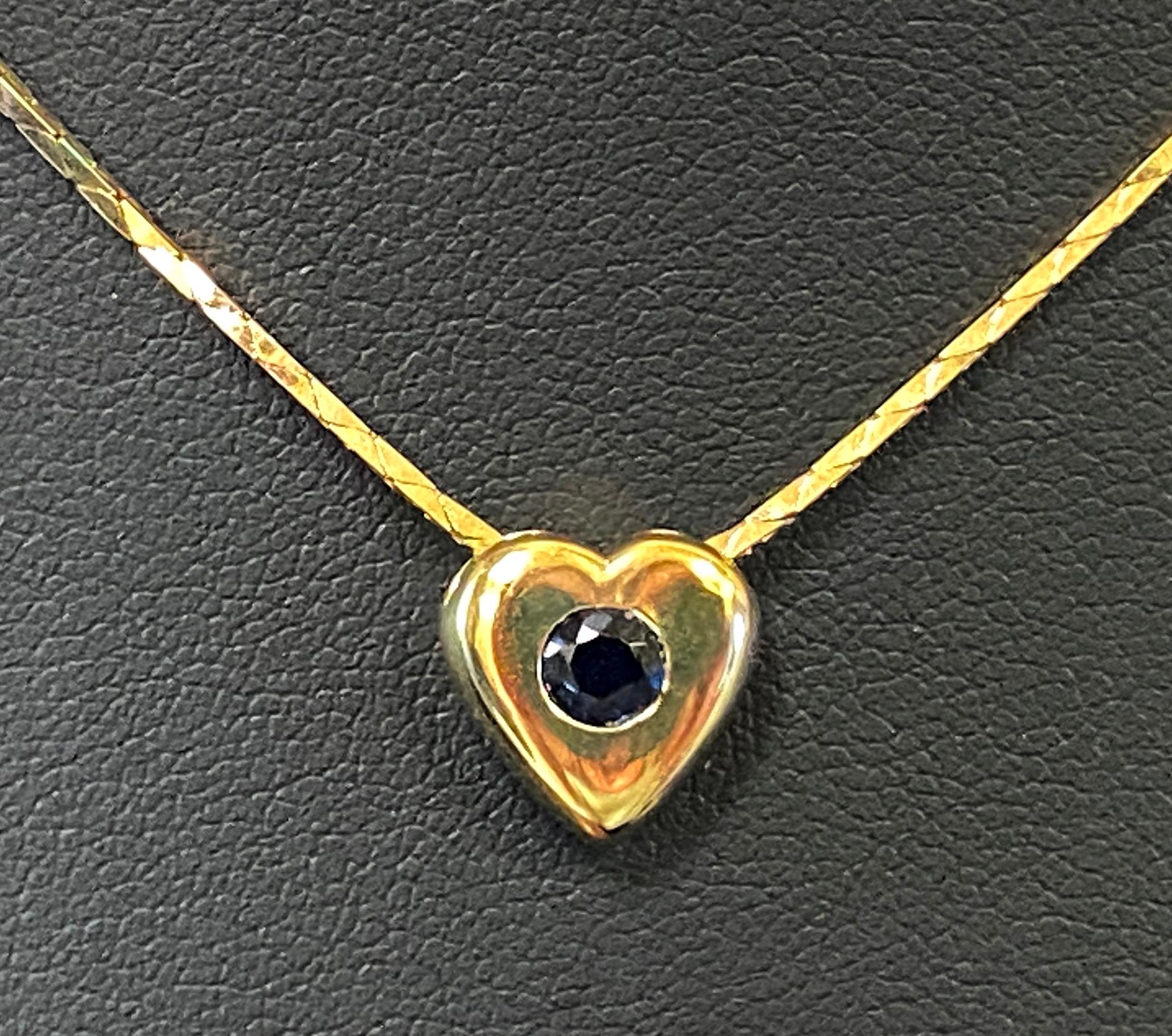 Women's or Men's 14kt Yellow Gold Heart Pendant with Diamond and Sapphire Center