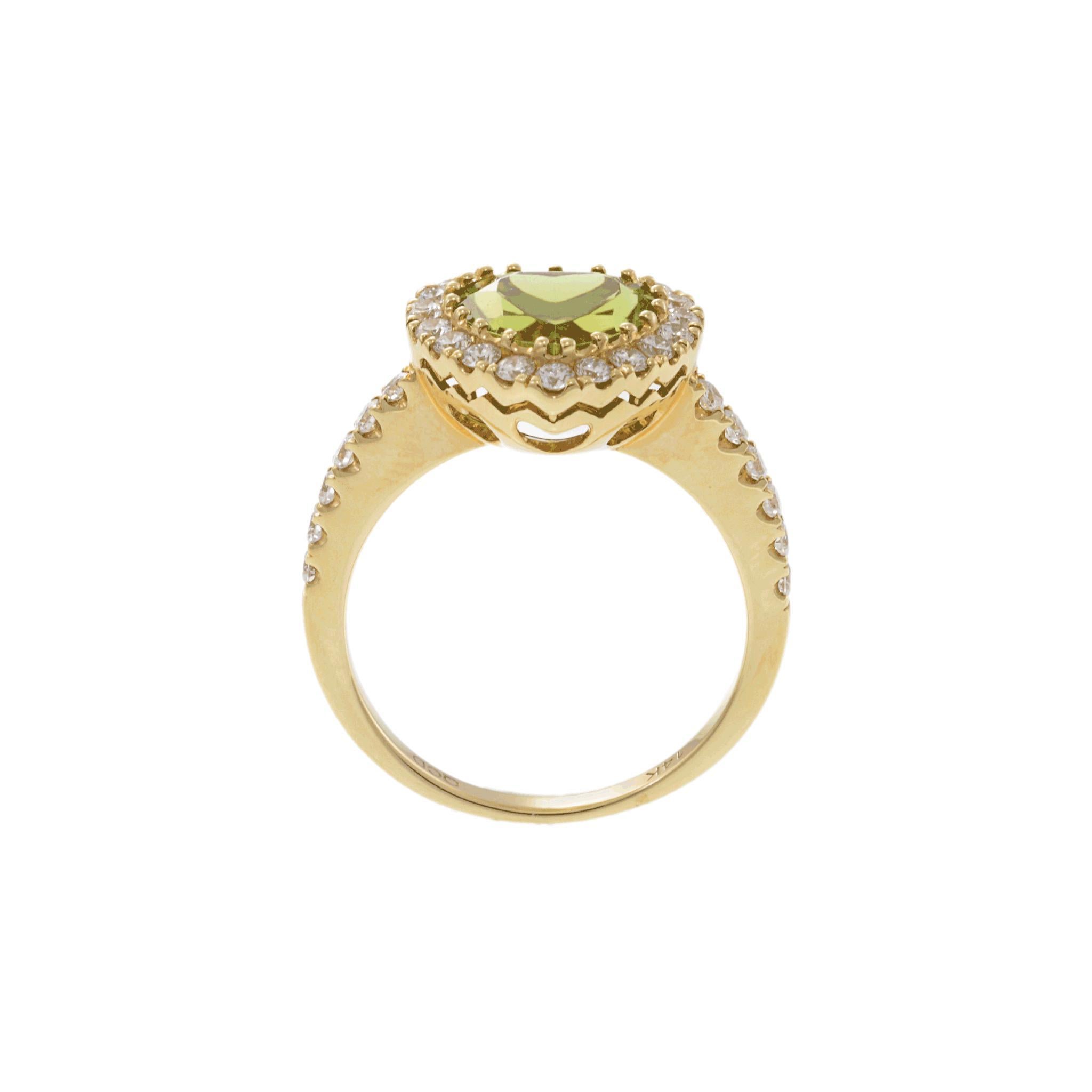 14KT Herzförmiger Peridot- und Diamantring aus Gelbgold Damen im Angebot