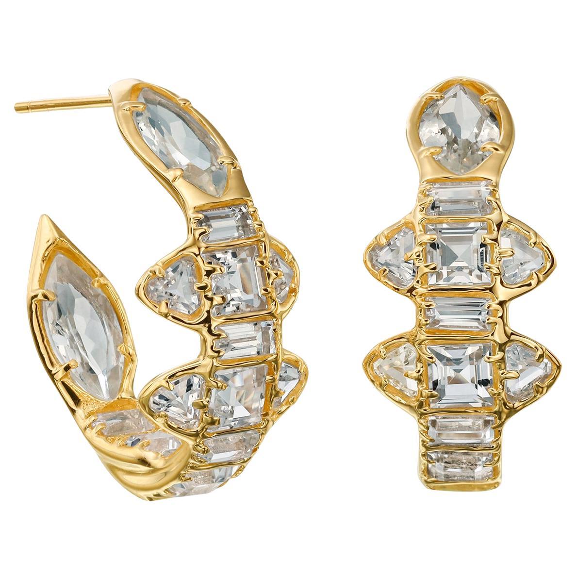 14kt Yellow Gold Hoop Earrings with Marquise White Topaz