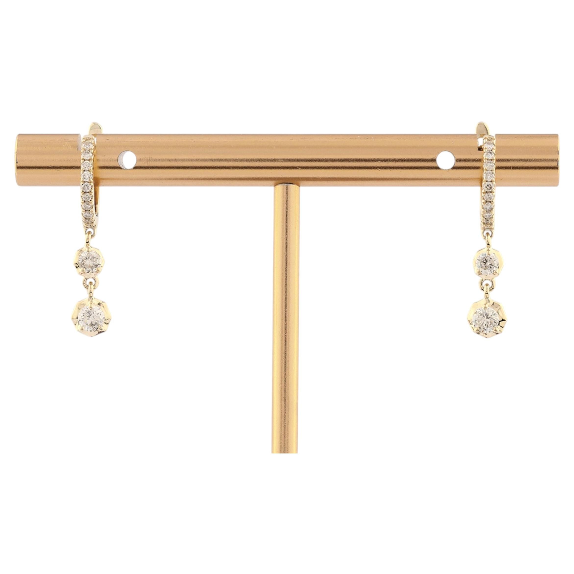 14KT Yellow Gold Huggie Hoop Earrings with Bezel-Set Diamond Drops