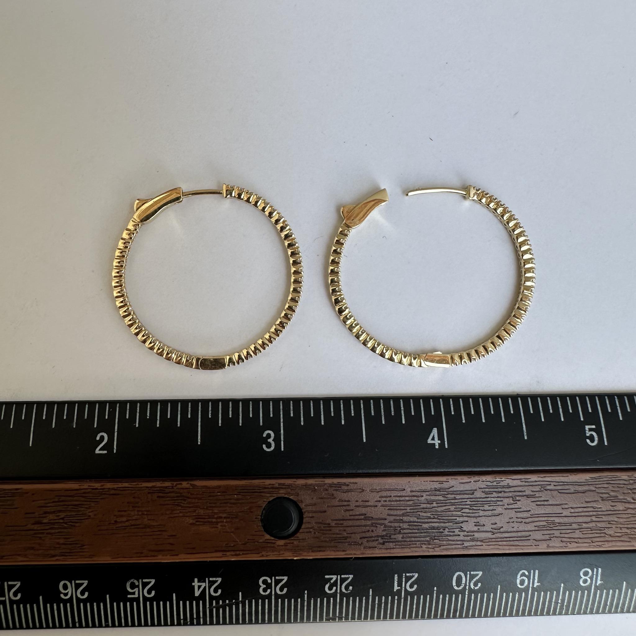 Women's 14kt Yellow Gold Inside/Outside Diamond Hoops - 1.10ctw GH SI Diamonds, 1 Inch For Sale