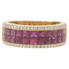 14KT Yellow Gold Invisible Set Ruby Band Ring with Diamond Accents