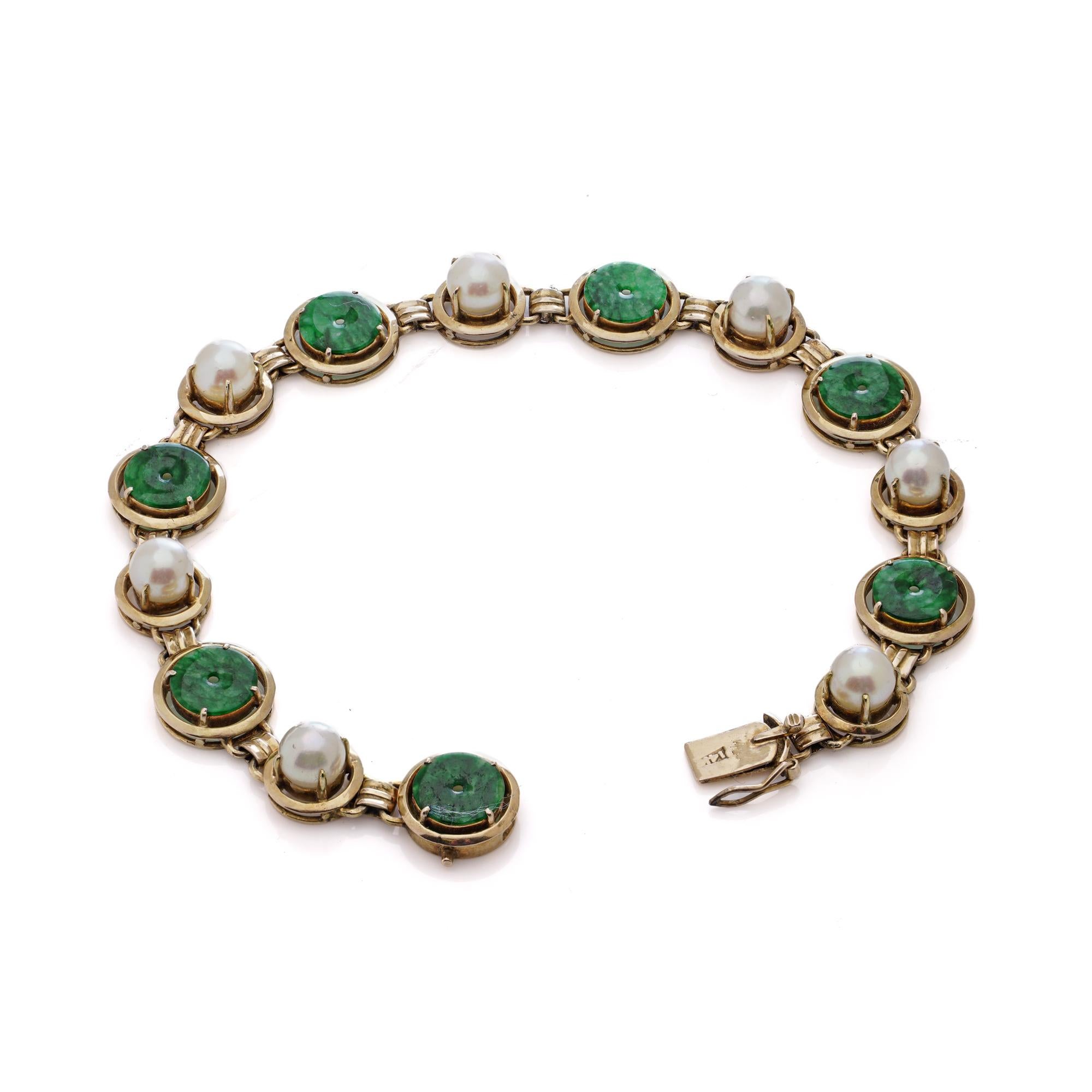 14kt Gelbgold Jade und Zuchtperlen A Link-Armband (Rundschliff) im Angebot