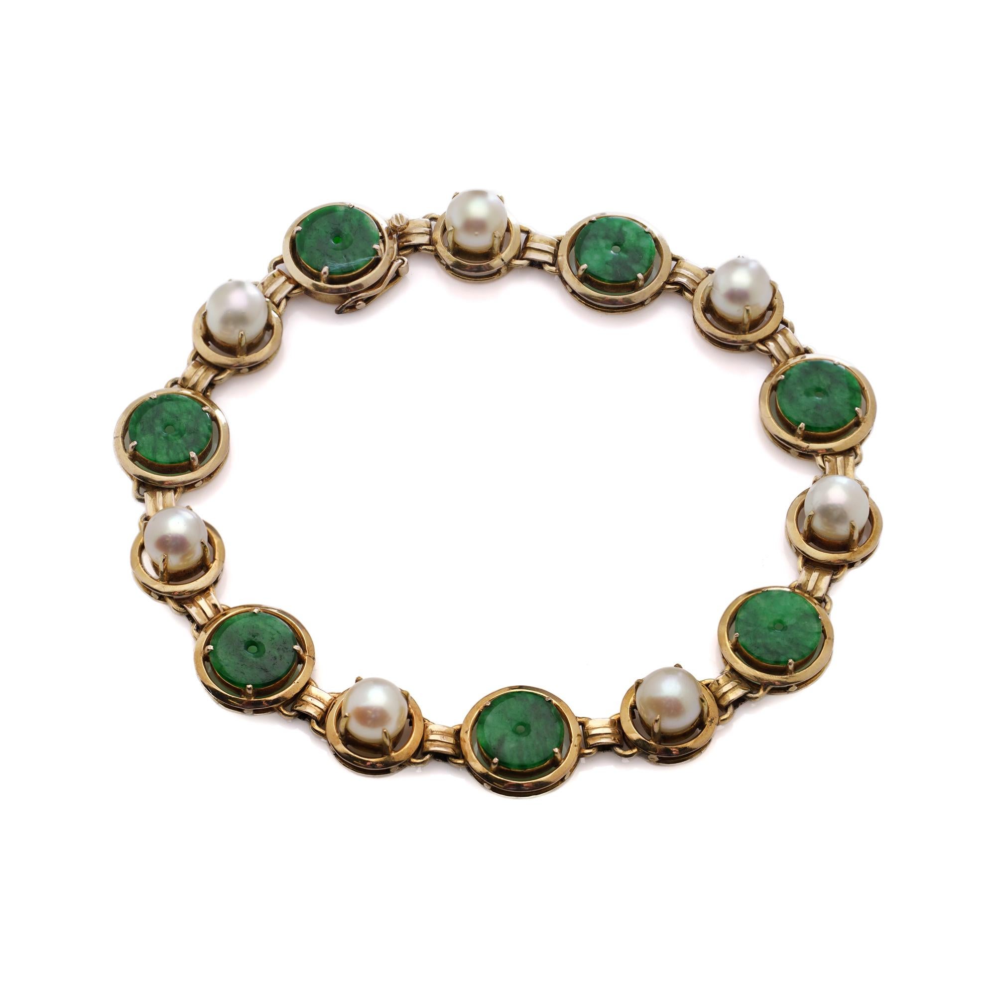 14kt Gelbgold Jade und Zuchtperlen A Link-Armband im Zustand „Gut“ im Angebot in Braintree, GB