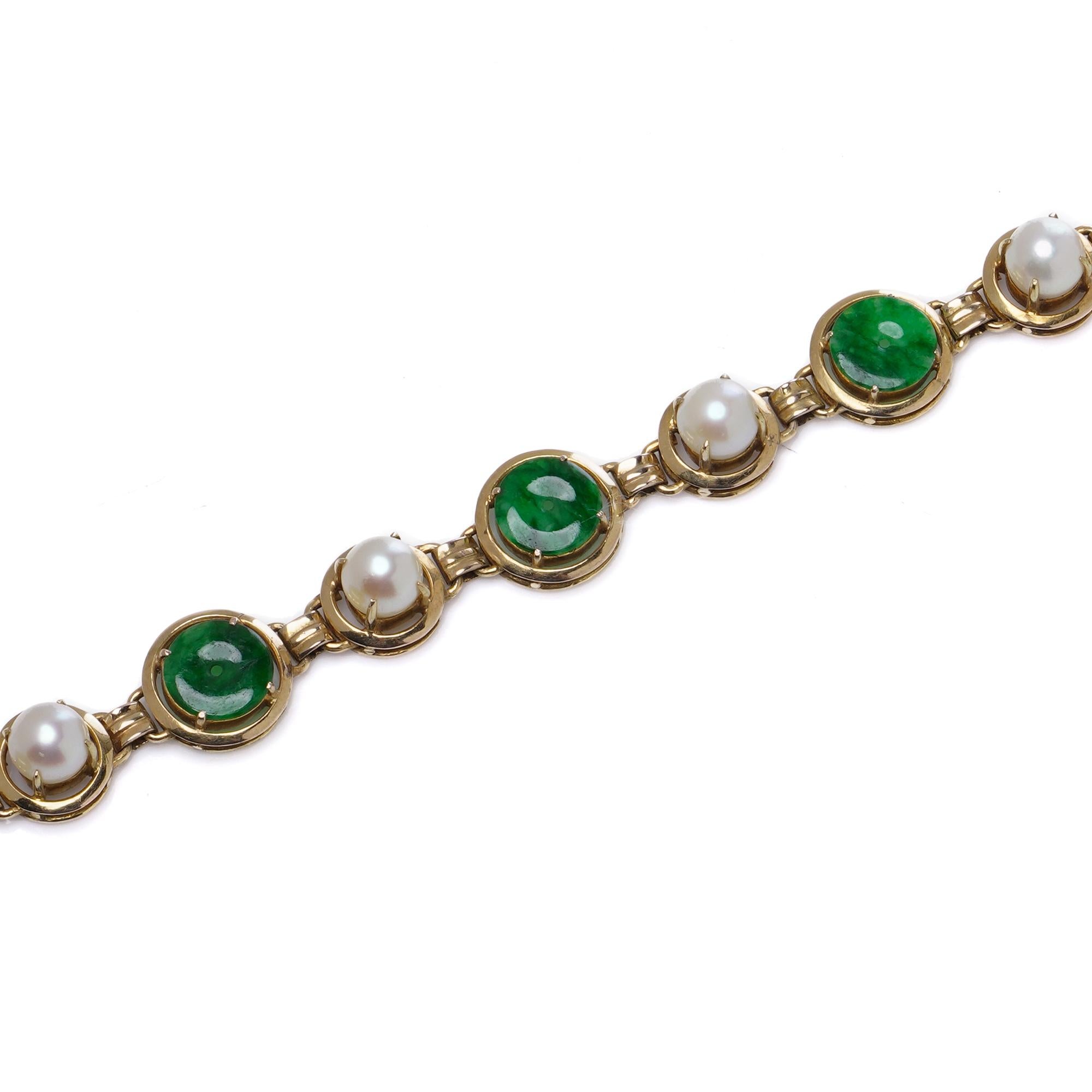 14kt Gelbgold Jade und Zuchtperlen A Link-Armband Damen im Angebot