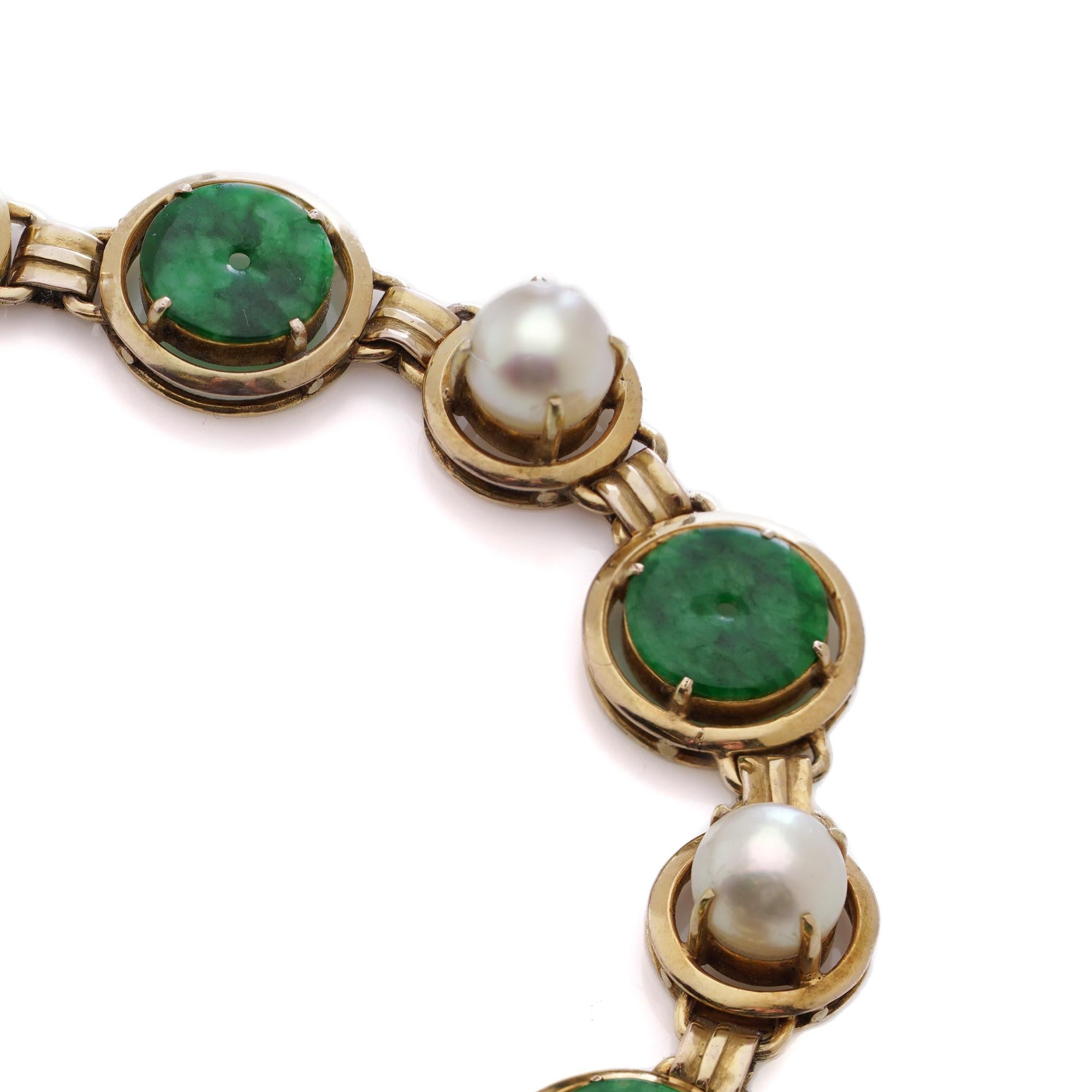 14kt Gelbgold Jade und Zuchtperlen A Link-Armband im Angebot 1