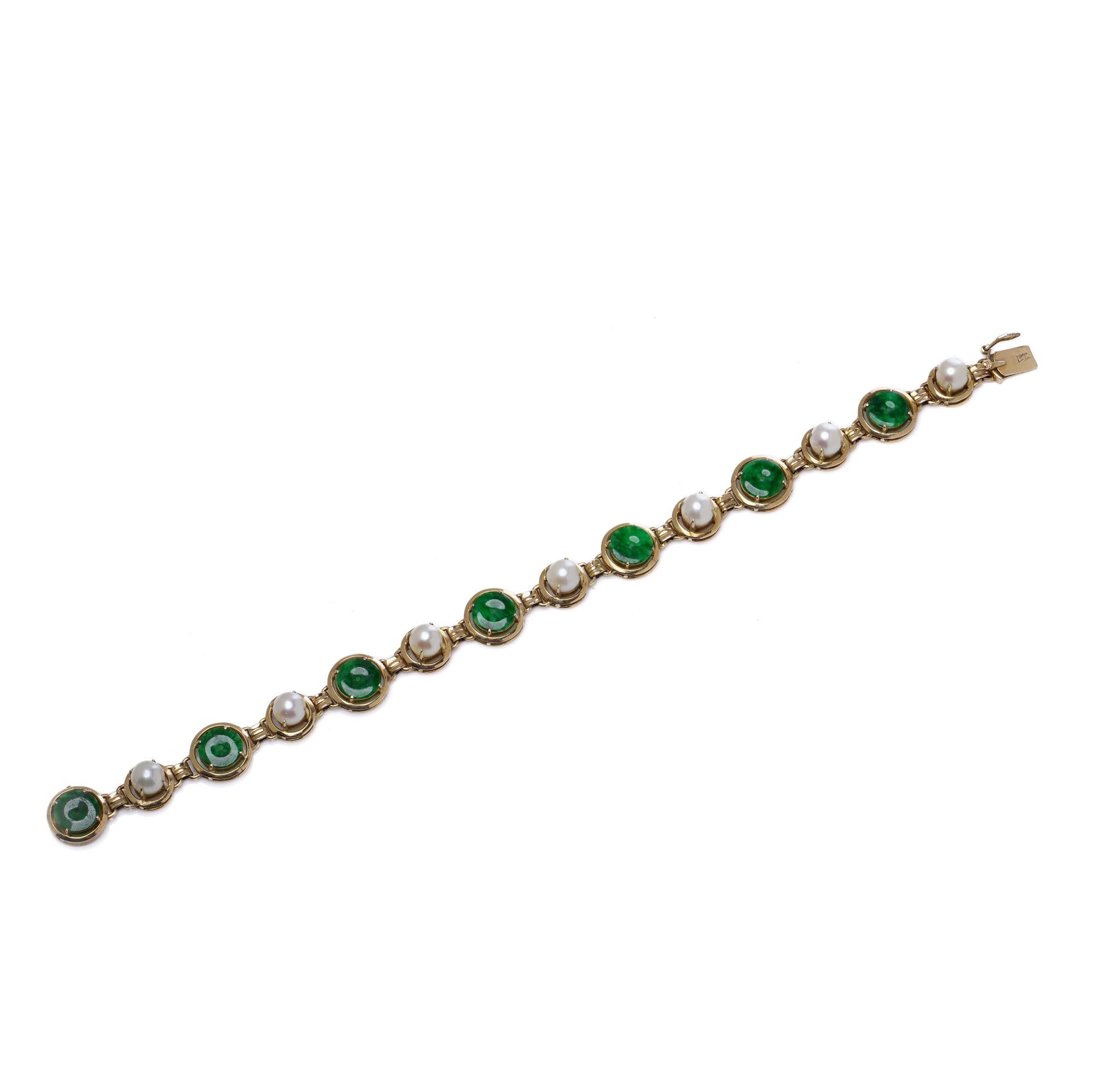 14kt Gelbgold Jade und Zuchtperlen A Link-Armband im Angebot 4