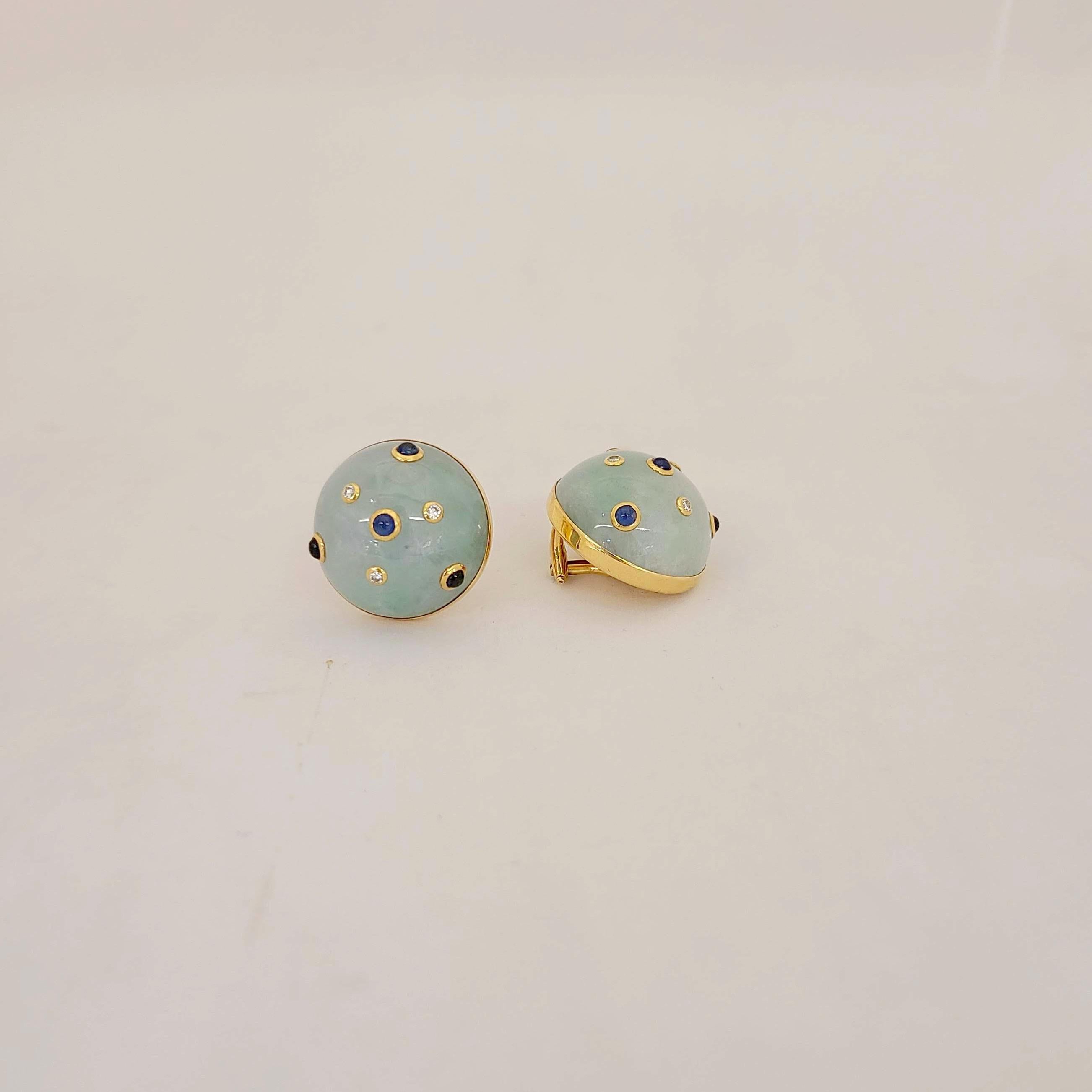 Contemporary 14 Karat Yellow Gold Jadeite Button Earring with Sapphires and Diamonds
