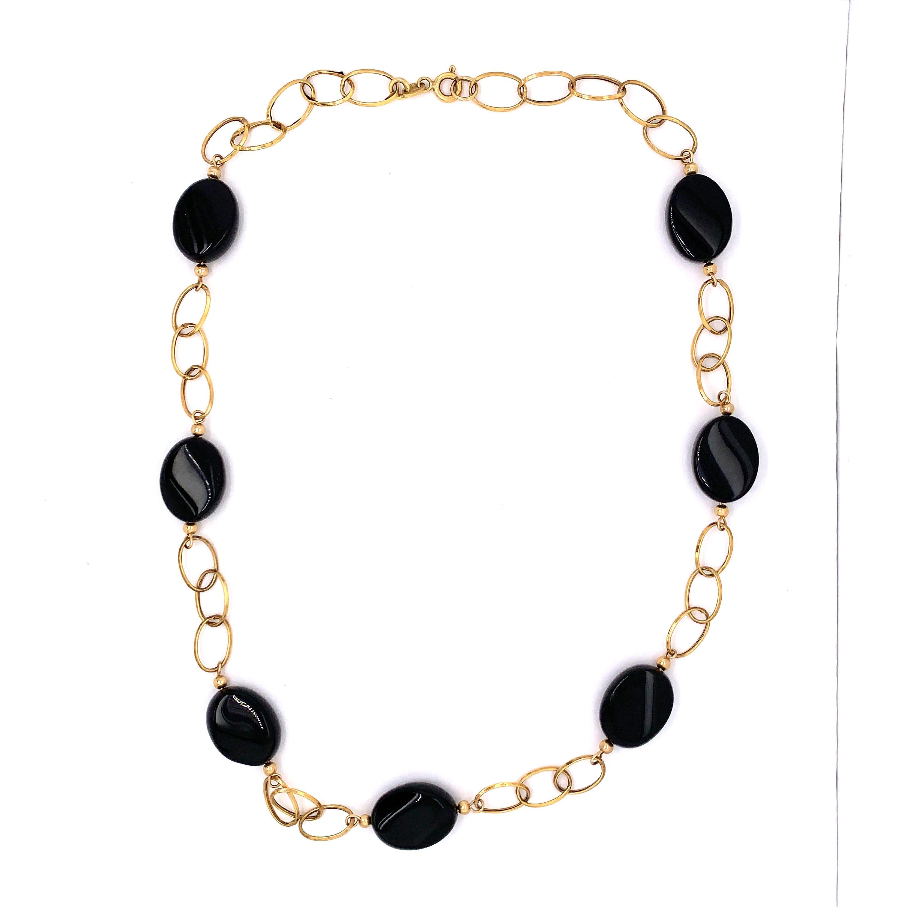 Modern 14 Karat Yellow Gold Link Necklace with Ebony Stones 21.2 Grams Total For Sale