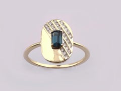 14-Karat-Gelbgold, London-Blue-Topas und diagonale Pavé-Diamanten, ovaler Siegelring im R-Stil