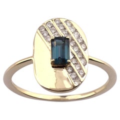 14-Karat-Gelbgold, London-Blue-Topas und diagonale Pavé-Diamanten, ovaler Siegelring im R-Stil
