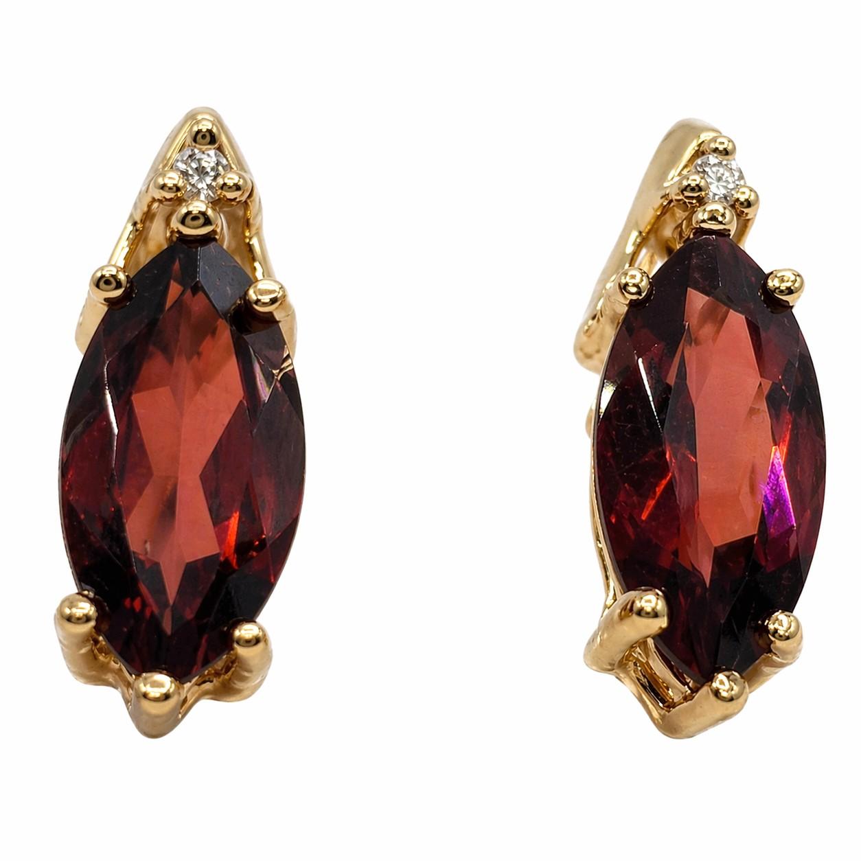 14kt Yellow Gold Marquis Mozambique Garnet and Diamonds Earrings, Friction Posts