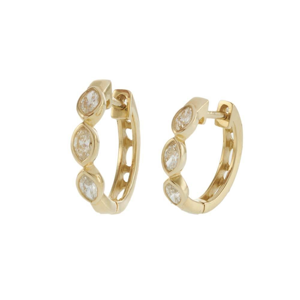 14KT Yellow Gold Marquise Diamond Huggie Hoop Earrings In New Condition For Sale In New York, NY