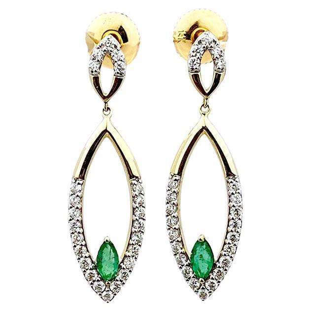 14KT Yellow Gold Marquise-Shaped Emerald and Diamond Drop Earrings