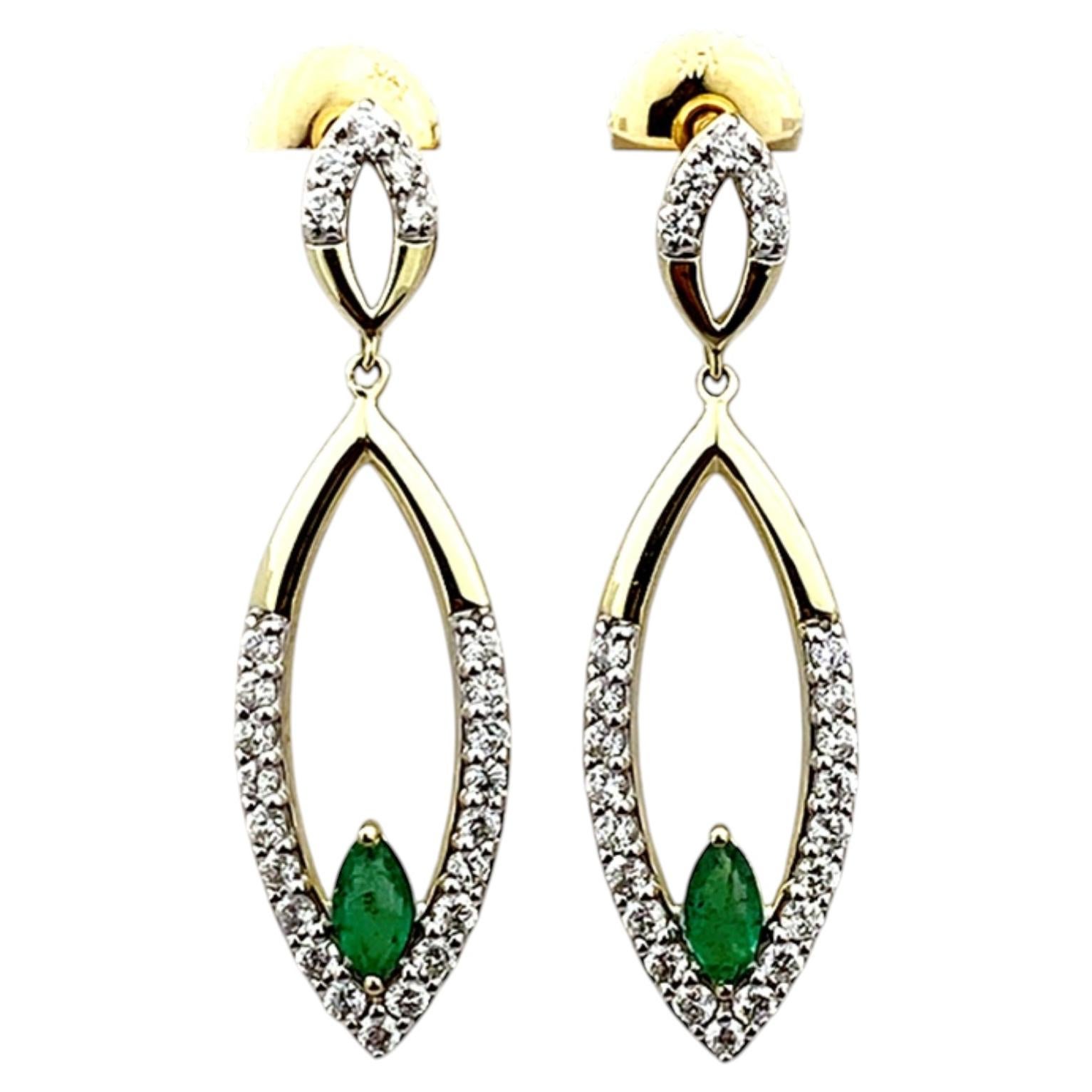 14KT Yellow Gold Marquise-Shaped Emerald and Diamond Drop Earrings