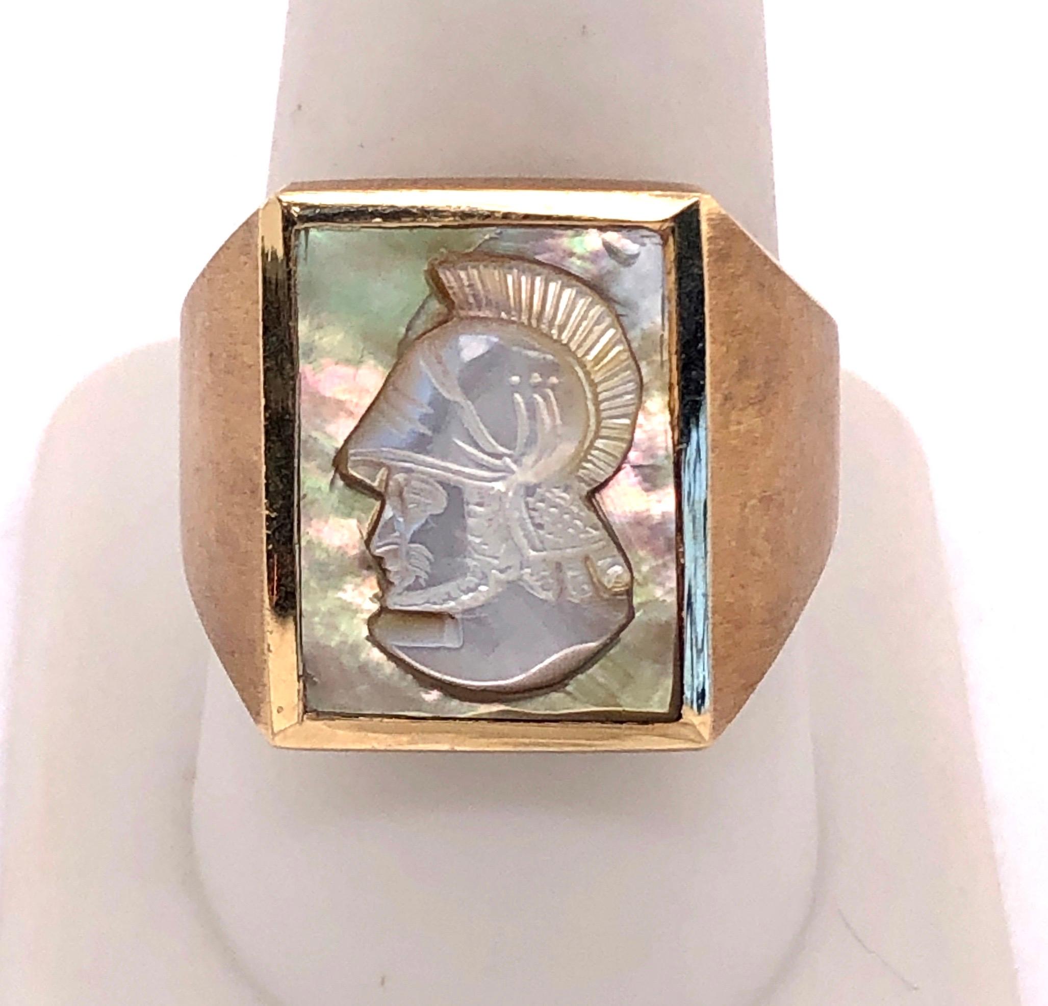 14Kt Yellow Gold Mother Of Pearl Cameo Contemporary Ring 
Size 10.25 
10.89 grams total weight
18.5mm  by 15mm

