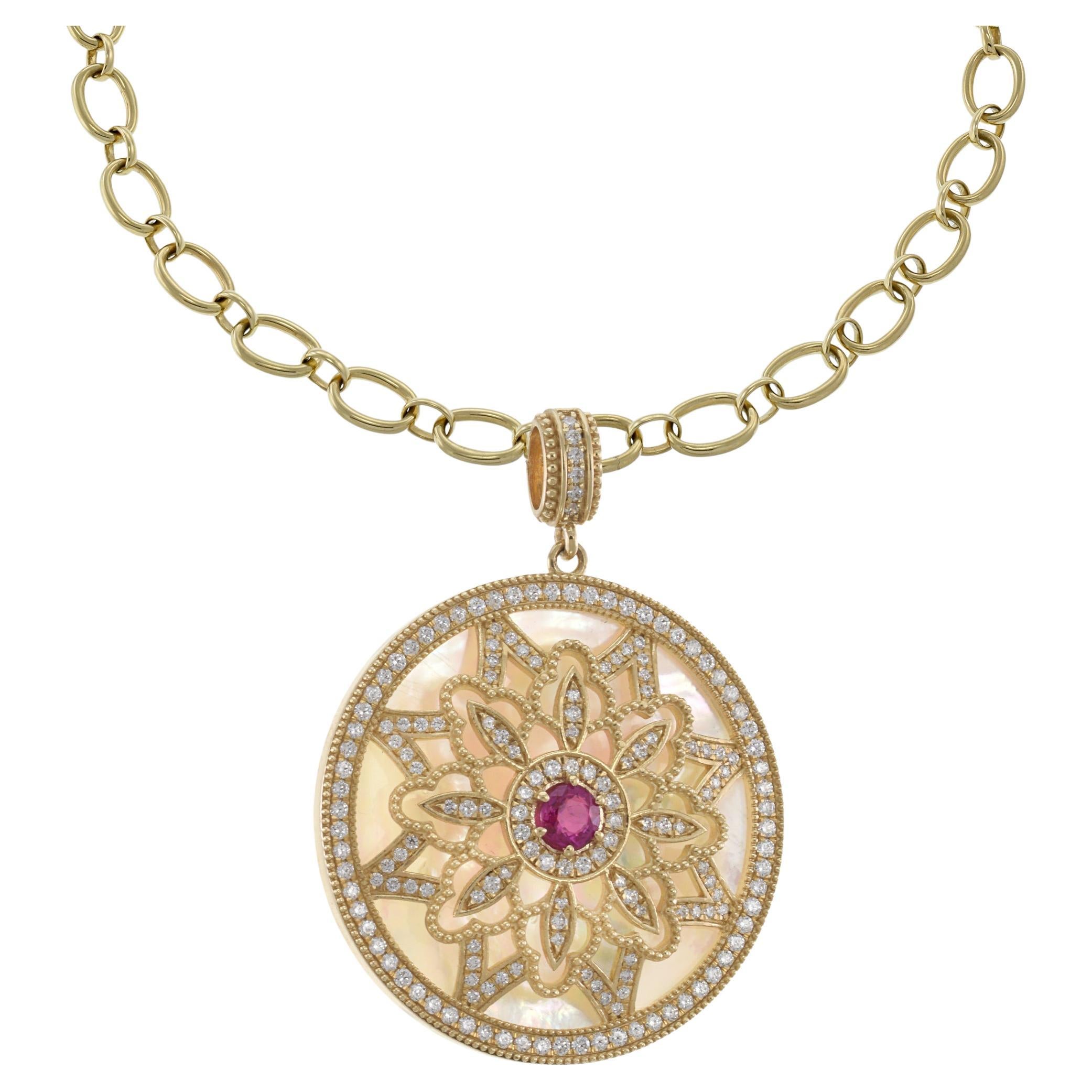 14KT Yellow Gold Mother of Pearl, Diamond and Ruby Disc Pendant