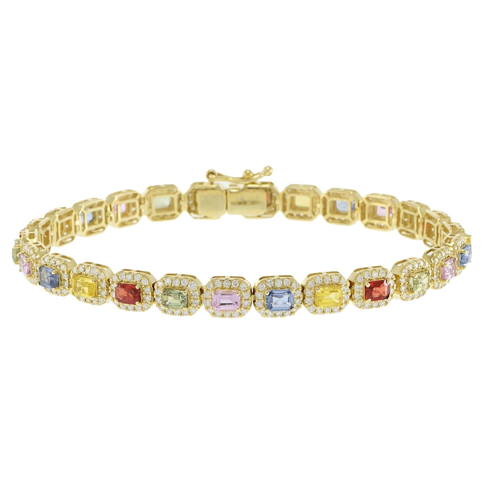 Bracciale in oro giallo 14KT con zaffiri e diamanti multicolore in vendita