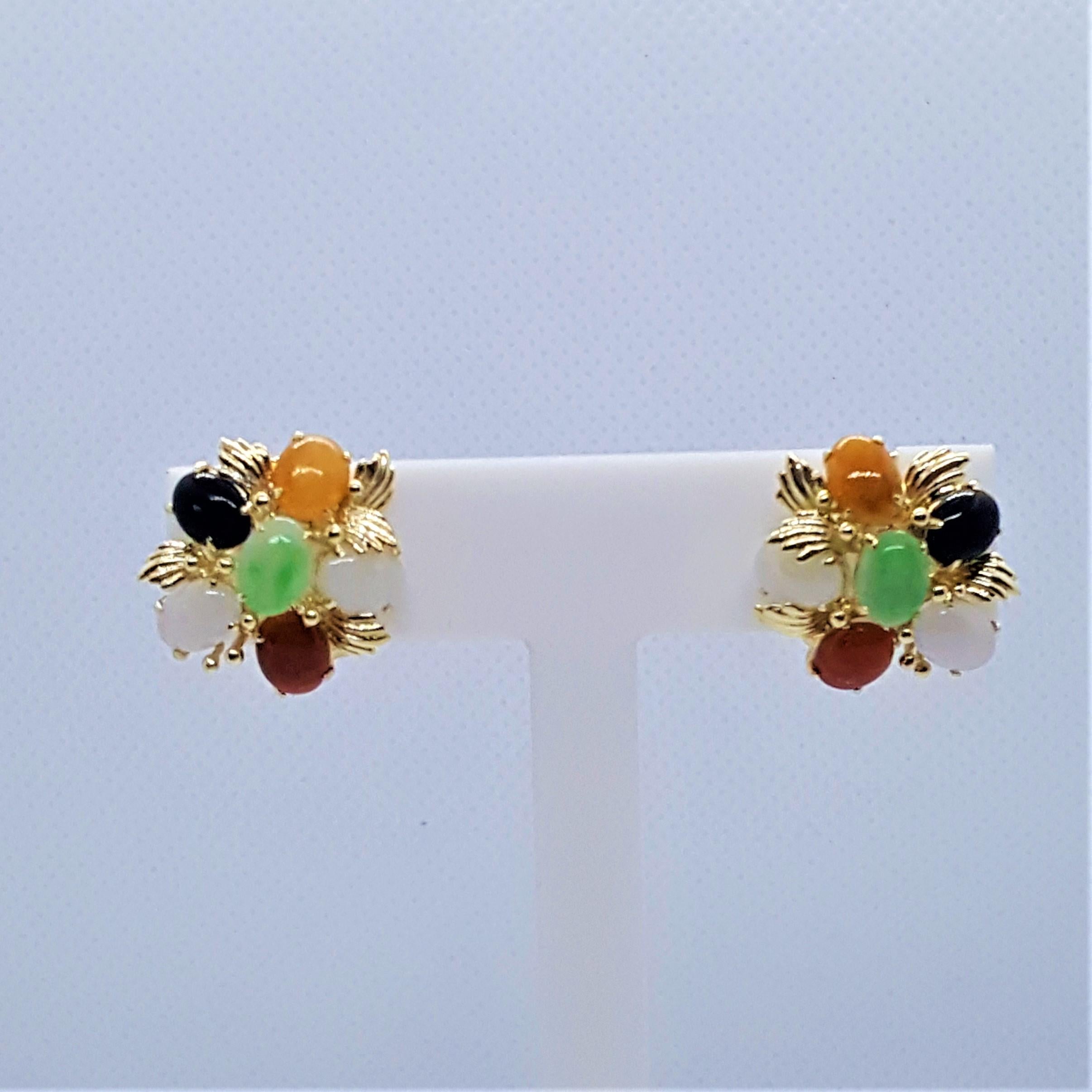Oval Cut 14kt Yellow Gold Multi-Colored Jade Earrings Friction Posts with Omega Backings