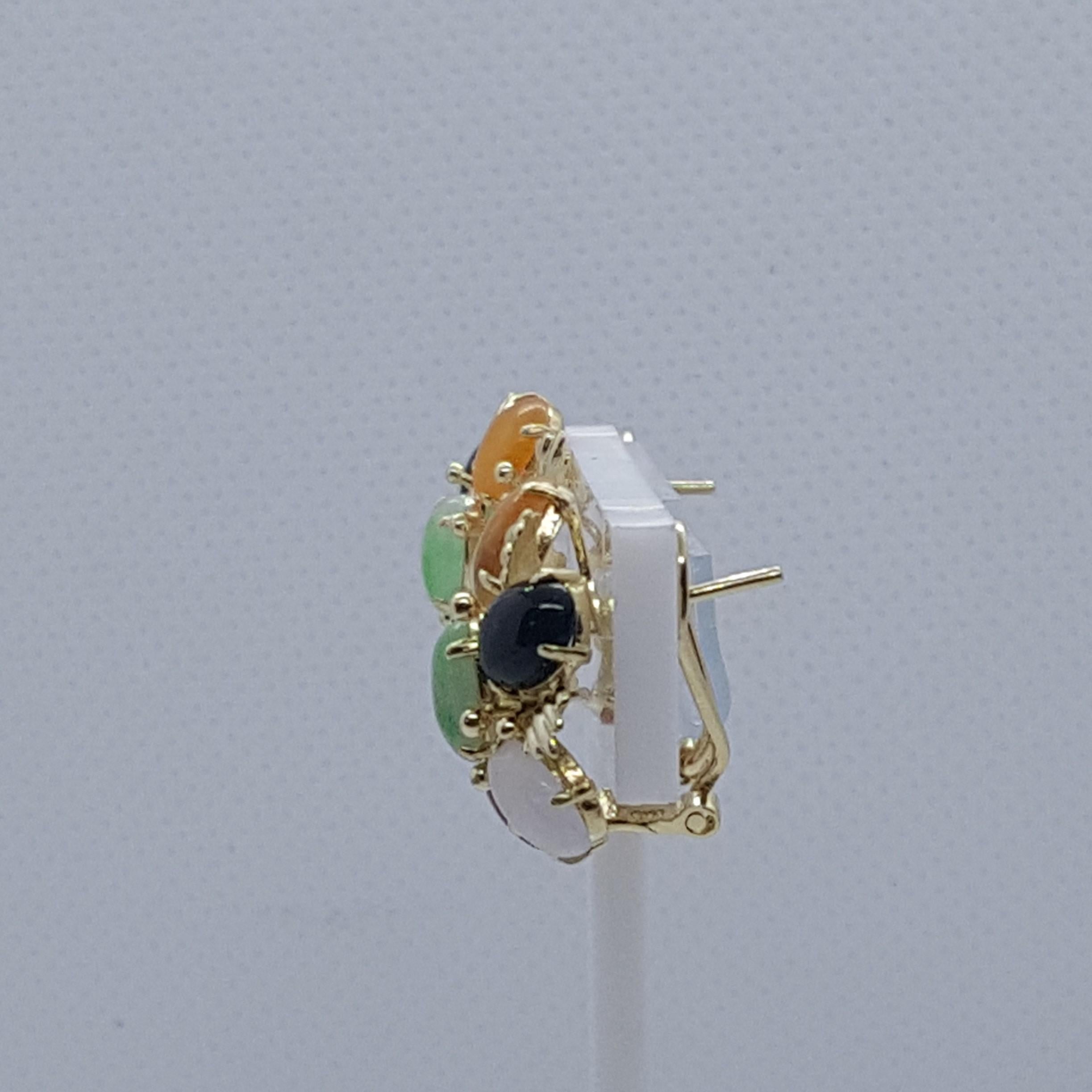 14kt Yellow Gold Multi-Colored Jade Earrings Friction Posts with Omega Backings In Good Condition In San Diego, CA