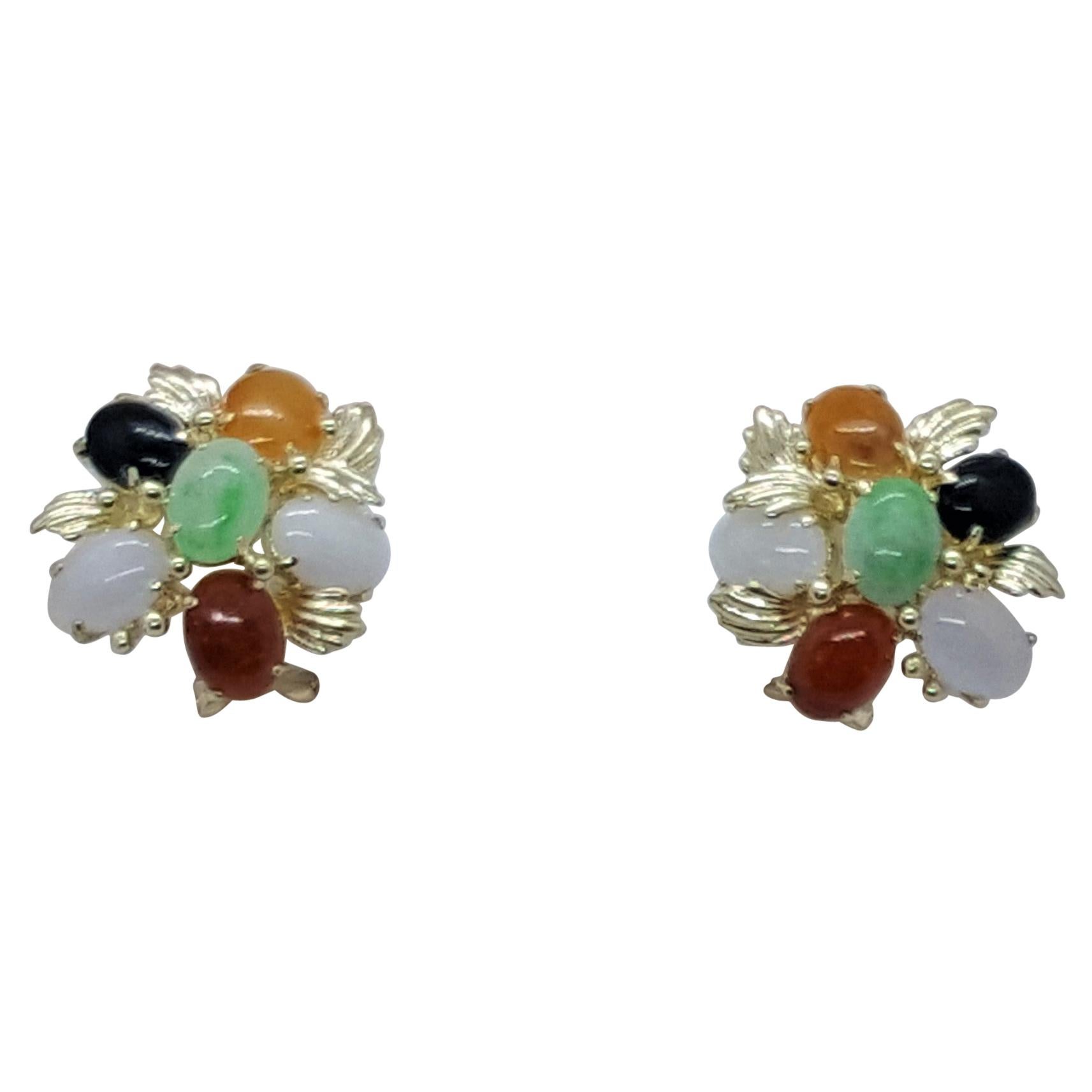 14kt Yellow Gold Multi-Colored Jade Earrings Friction Posts with Omega Backings
