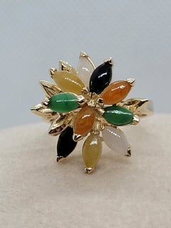 14kt Yellow Gold Multi-Colored Jade Ring Marquis-Shaped, Very Good 5.5gr