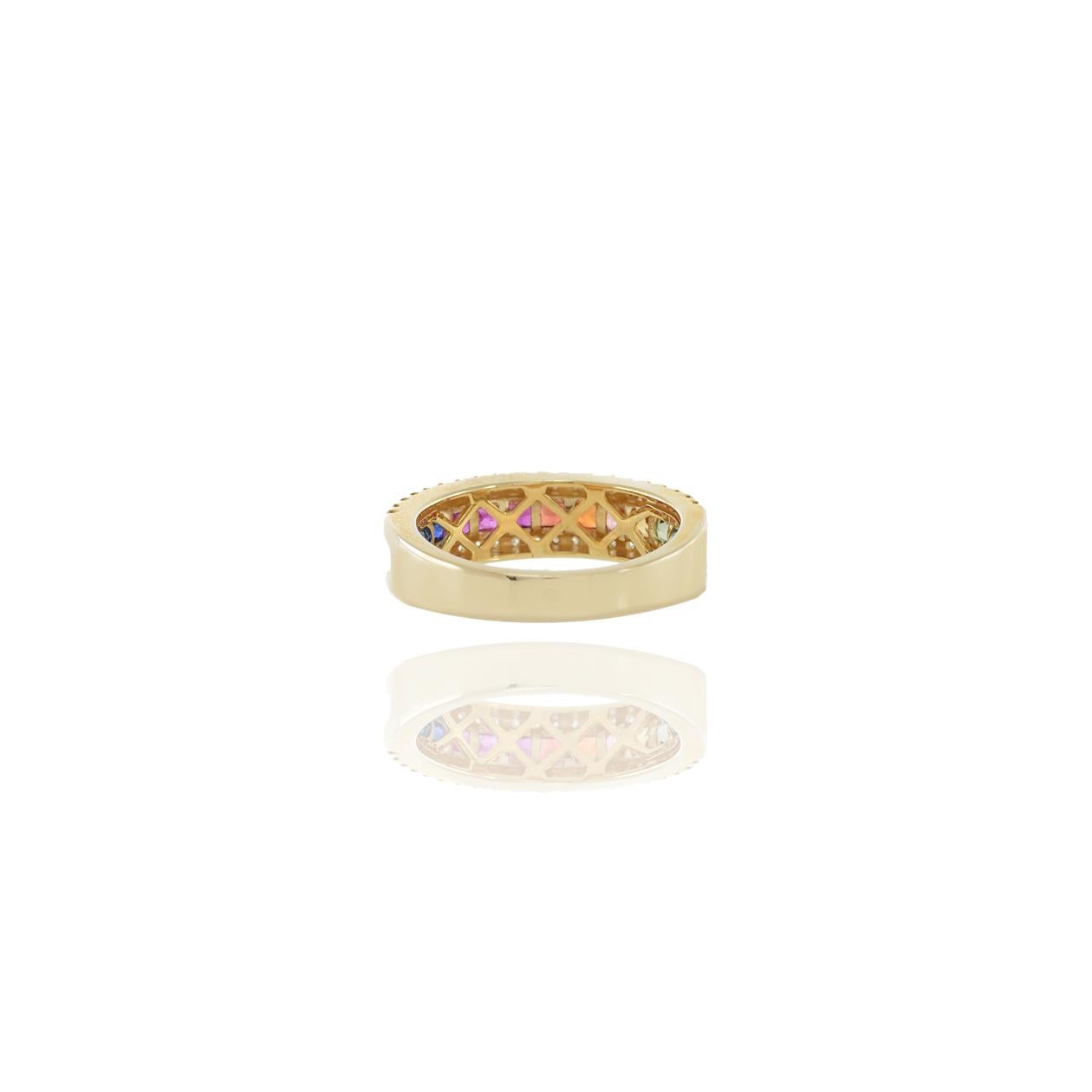 14KT Yellow Gold Multi Colored Sapphire And Diamond Band For Sale 5