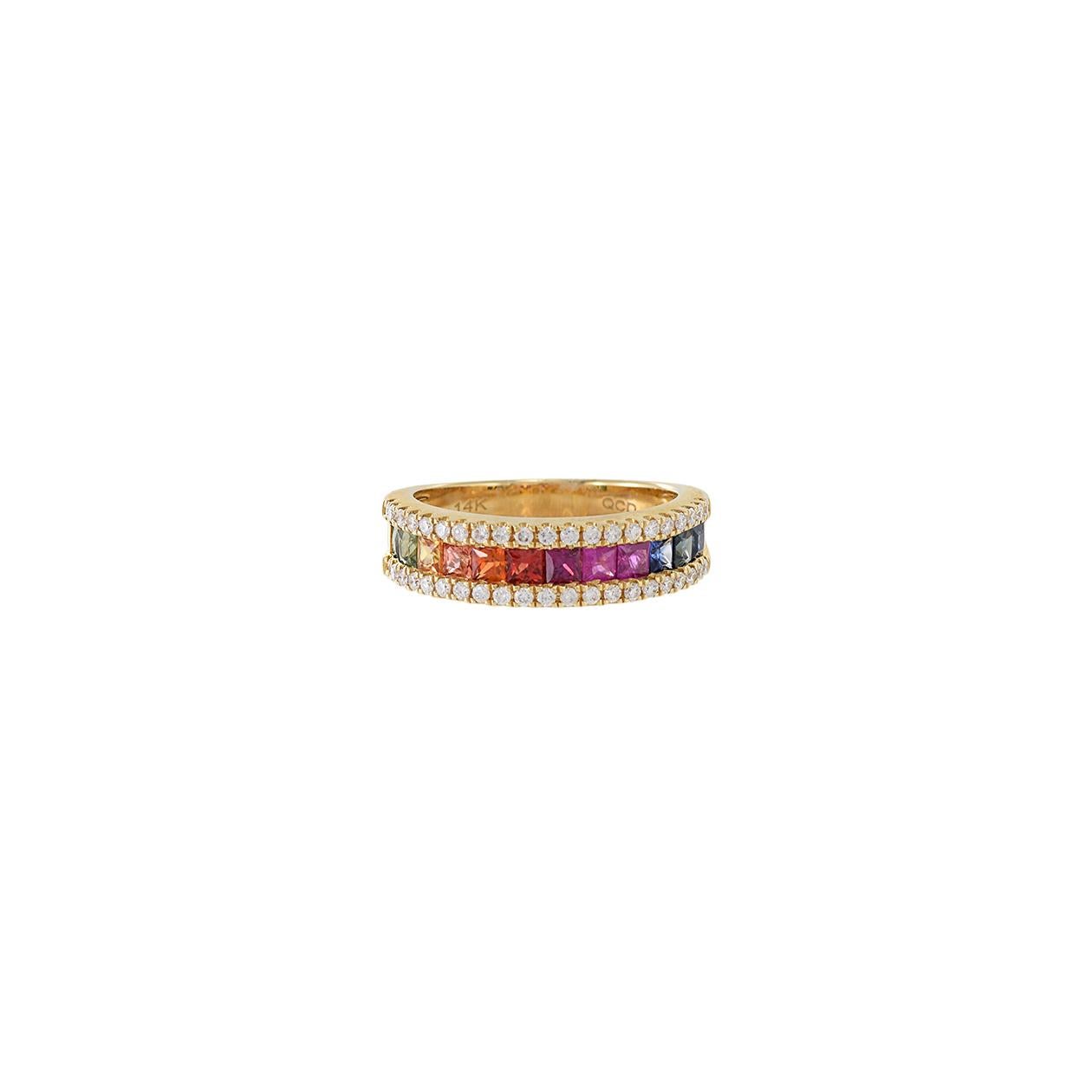 The yellow gold 14kt multi colored sapphire and diamond band features 1.26ct-tw of channel-set princess-cut sapphires, surrounded by 0.33ct-tw of round-cut diamonds. Size 7 US. Weight 4.5 gm.