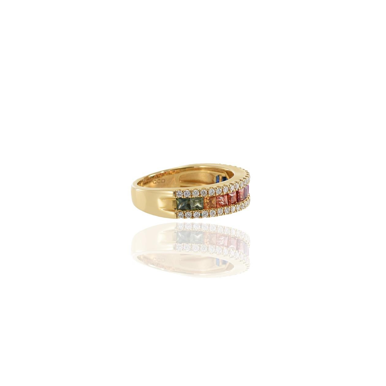 14KT Yellow Gold Multi Colored Sapphire And Diamond Band For Sale 1
