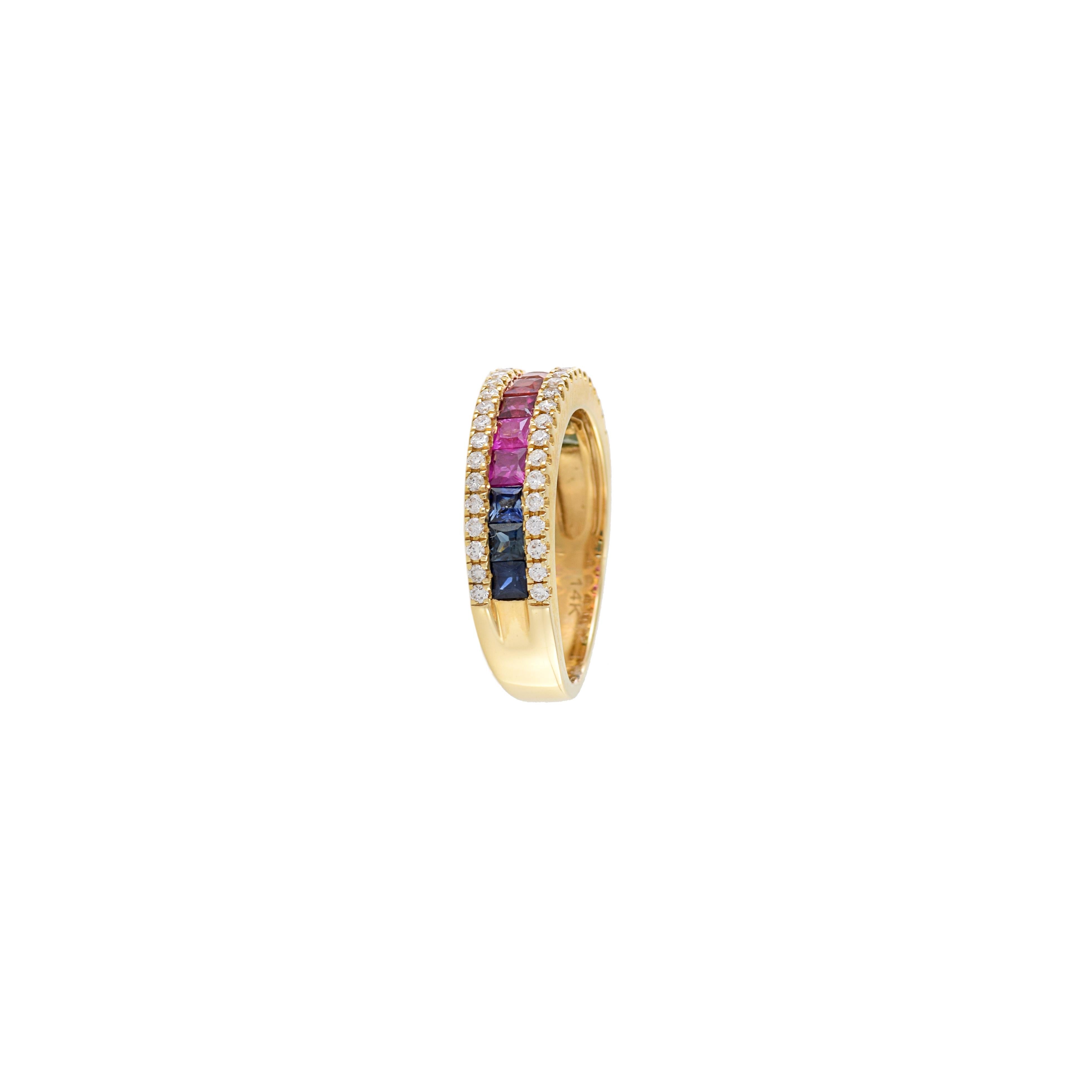 14KT Yellow Gold Multi Colored Sapphire And Diamond Band For Sale 2