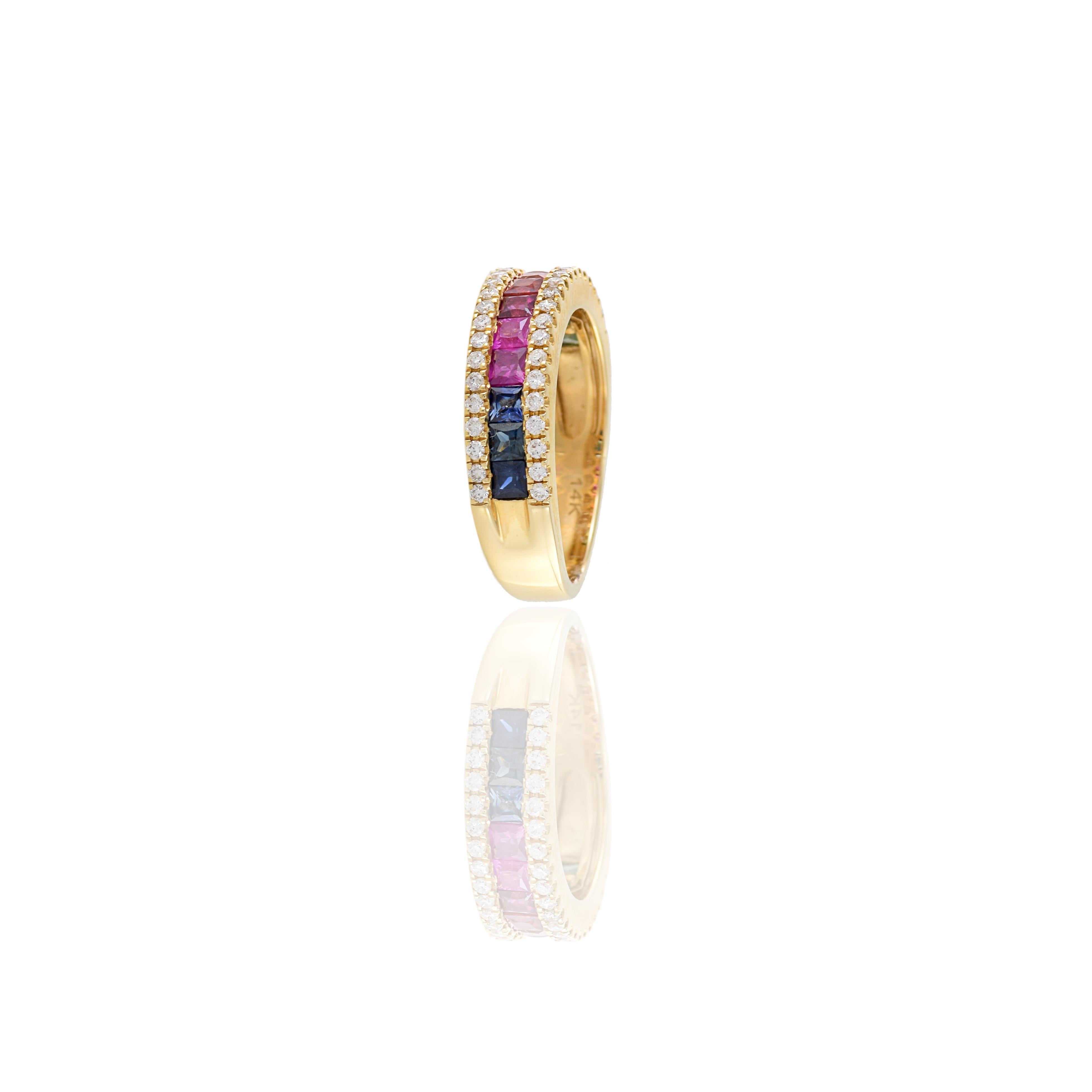 14KT Yellow Gold Multi Colored Sapphire And Diamond Band For Sale 3