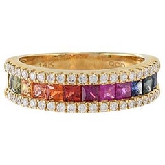 14KT Yellow Gold Multi Colored Sapphire And Diamond Band