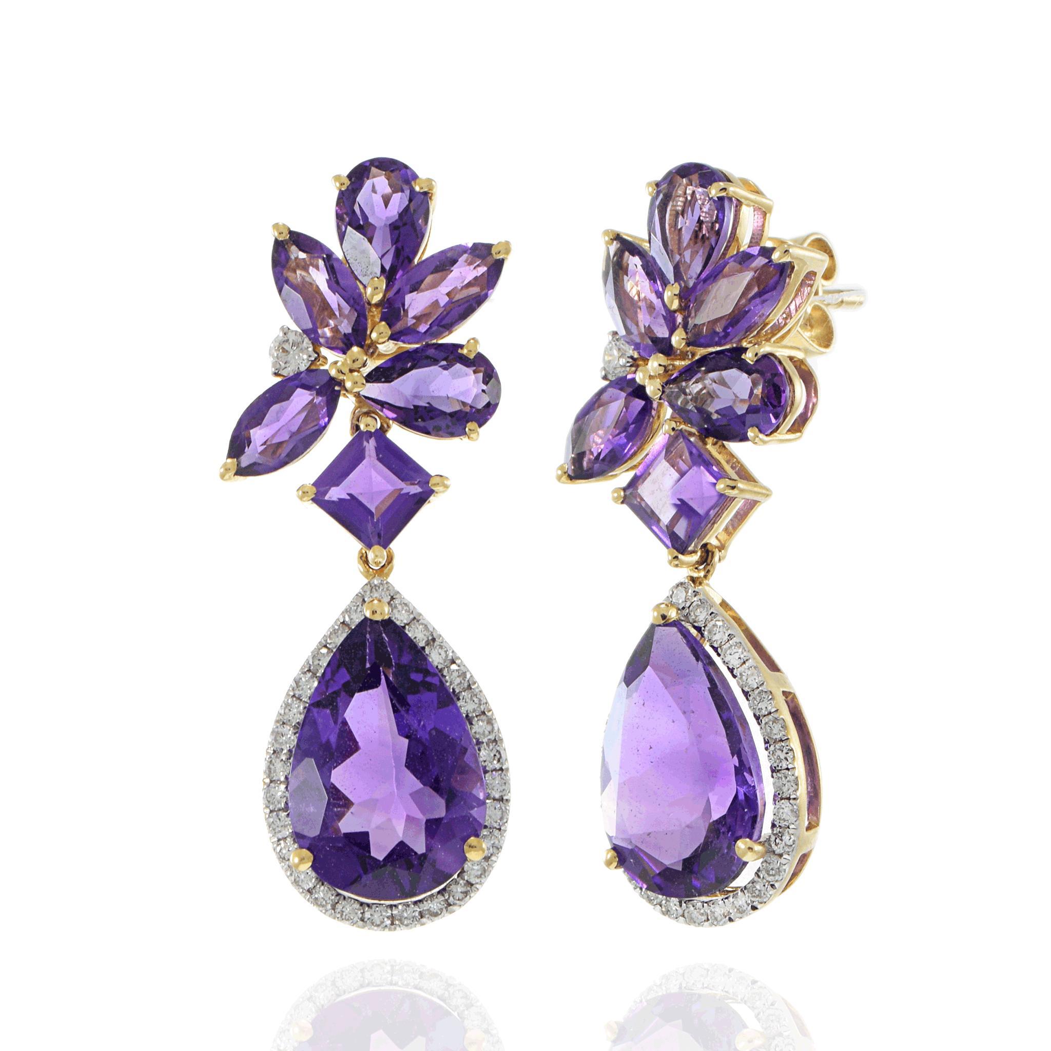 Pendientes de gota de oro amarillo de 14 quilates con amatista talla múltiple y diamante Corte mixto en venta