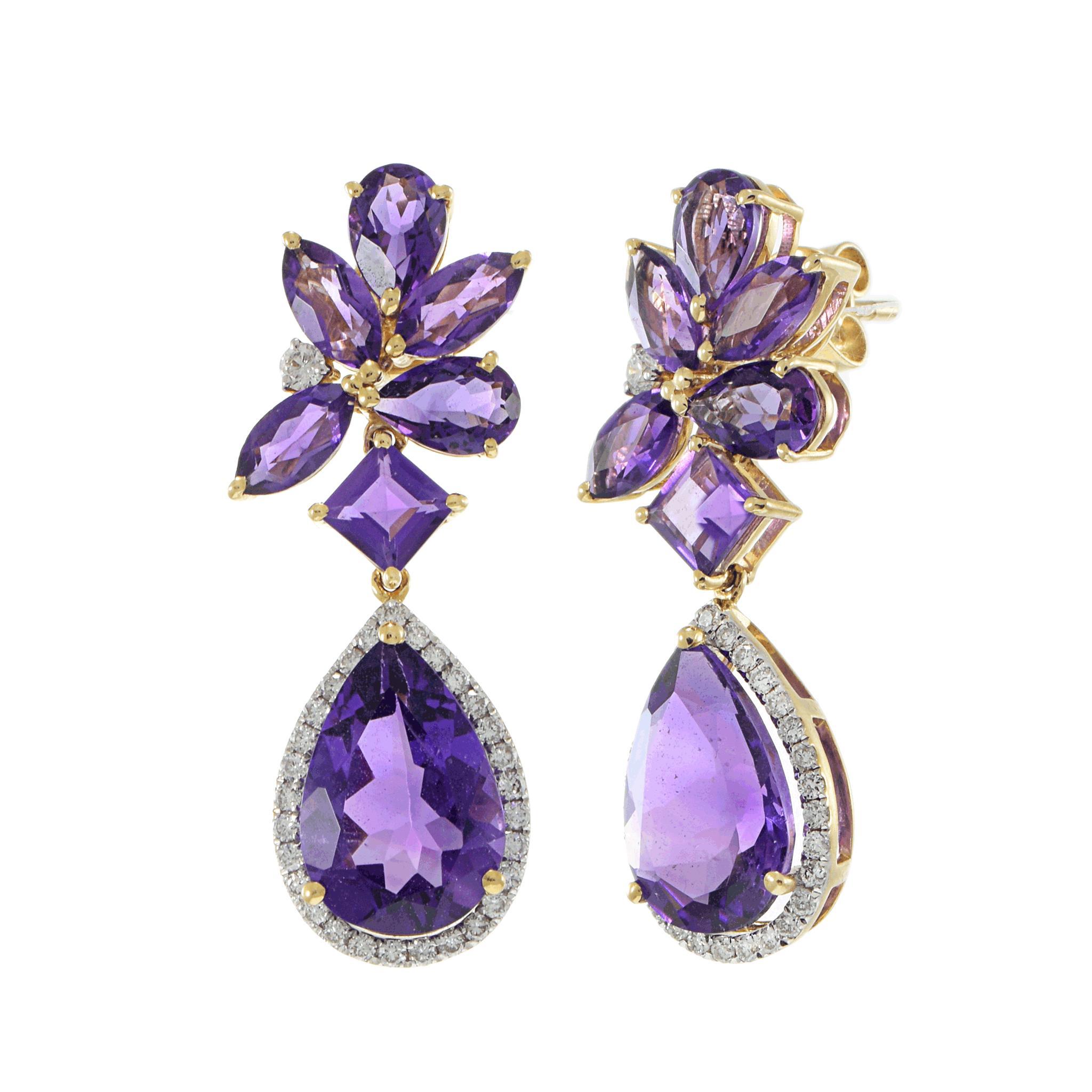 Pendientes de gota de oro amarillo de 14 quilates con amatista talla múltiple y diamante en Nuevo estado para la venta en New York, NY