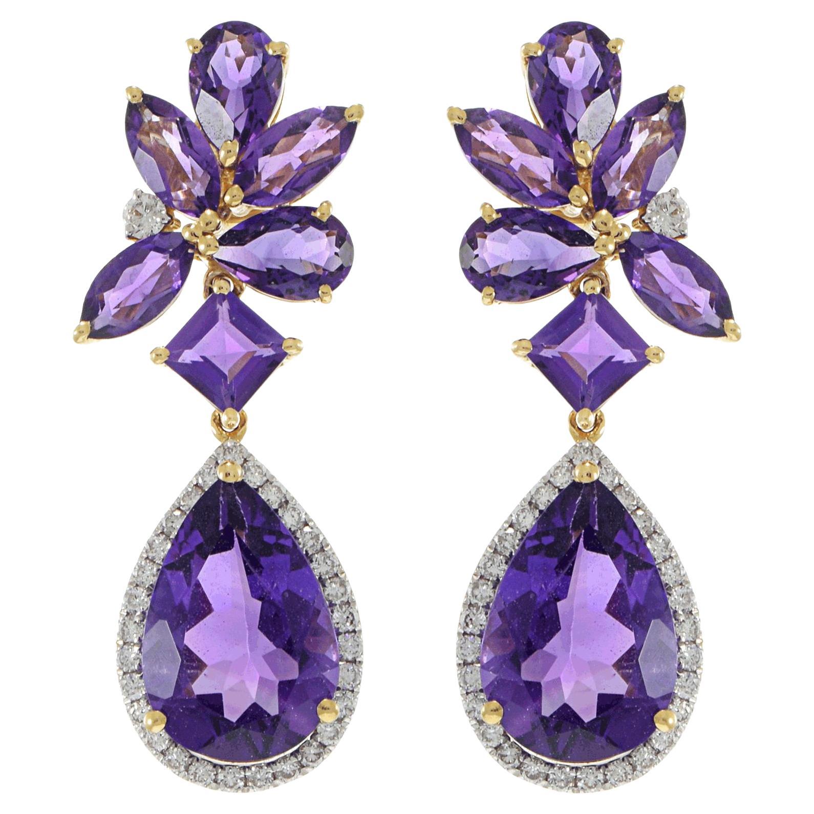 14KT Yellow Gold Multi-Cut Amethyst and Diamond Drop Earrings