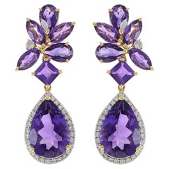 Pendants d'oreilles en or jaune 14 carats avec améthyste multicolore et diamants