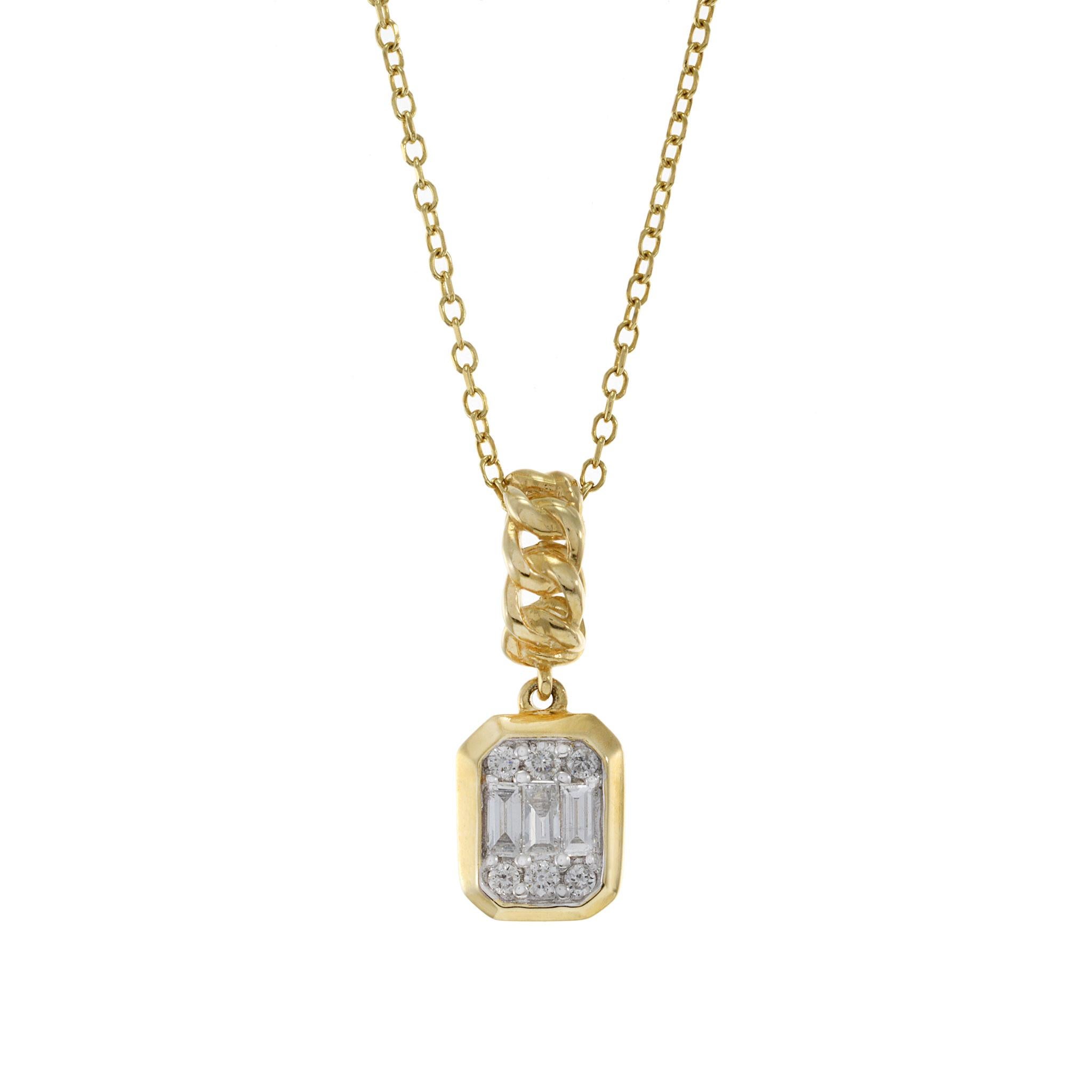 Élevez votre élégance avec ce pendentif en forme de goutte de 0,13CT-TW en diamant cubain, méticuleusement fabriqué en opulent or jaune 14KT et orné d'un mélange captivant de diamants baguette et de diamants de taille ronde. Longueur 18 pouces.