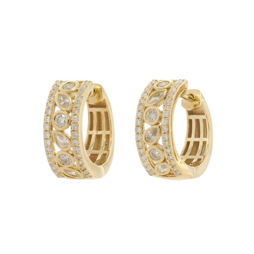 These statement huggie earrings feature an intricate combination of bezel-set round and pear-shaped diamonds, framed by pavé-set diamond edges for added brilliance. Crafted in 14KT yellow gold, the wide profile and layered sparkle make these