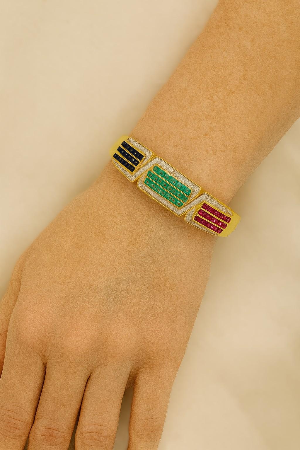 Princess Cut 14kt Yellow Gold Multi-Gemstone and Diamond Bangle Bracelet For Sale