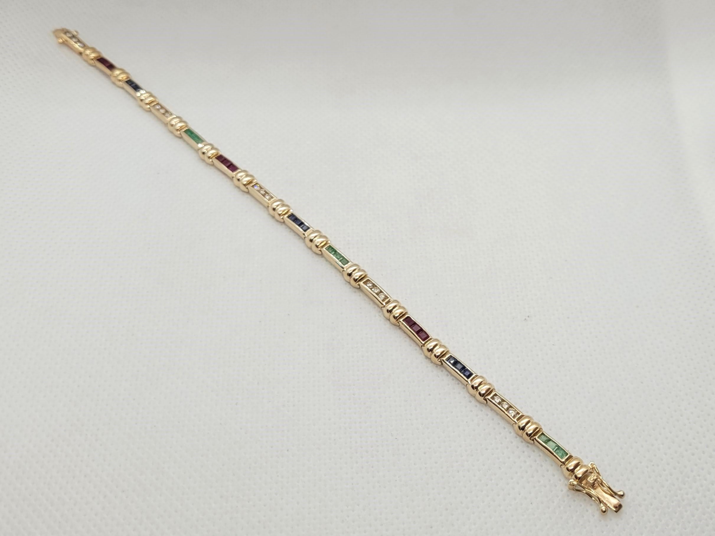 14kt Gelbgold Mehrstein-Diamant-Armband Smaragd-Saphir-Rubin-Tennis Tennis (Moderne) im Angebot